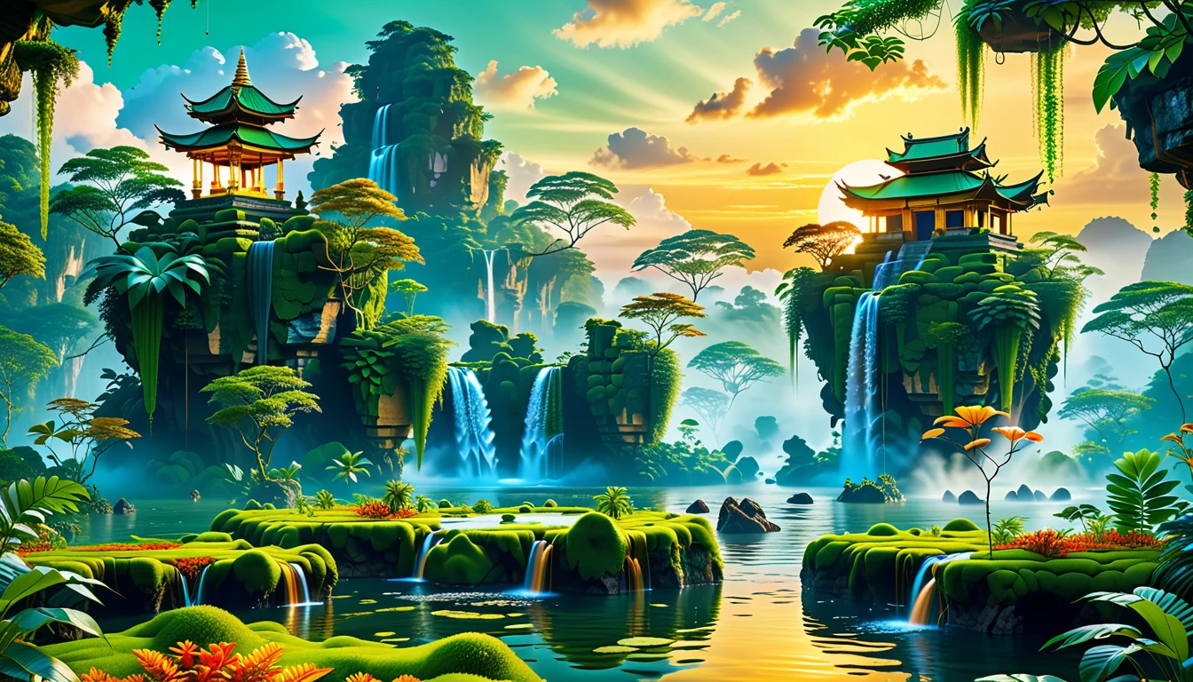 A Masterpiece In 32K Resolution, Supreme Quality, Super Detail, Official Art, Very High-Resolution 32K Wallpaper, Beautiful And Aesthetic, Ultra-Detailed Features, Awe-Inspiring Detail. Floating Islands Hover Above A Dense, Vibrant Rainforest. Waterfalls Spill Into The Thick Greenery Below, Where Exotic Animals Roam Freely. The Sky Is Painted With Shades Of Green And Gold, And Vines Hang From The Floating Islands. Glowing Form Illuminating The Surrounding Plants. In The Distance, A Towering Temple Made Of Moss-Covered Stone Rises From The Jungle.