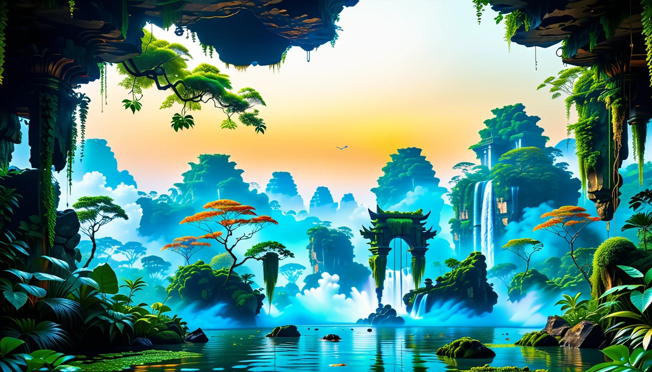 A Masterpiece In 32K Resolution, Supreme Quality, Super Detail, Official Art, Very High-Resolution 32K Wallpaper, Beautiful And Aesthetic, Ultra-Detailed Features, Awe-Inspiring Detail. Floating Islands Hover Above A Dense, Vibrant Rainforest. Waterfalls Spill Into The Thick Greenery Below, Where Exotic Animals Roam Freely. The Sky Is Painted With Shades Of Green And Gold, And Vines Hang From The Floating Islands. Glowing Form Illuminating The Surrounding Plants. In The Distance, A Towering Temple Made Of Moss-Covered Stone Rises From The Jungle.