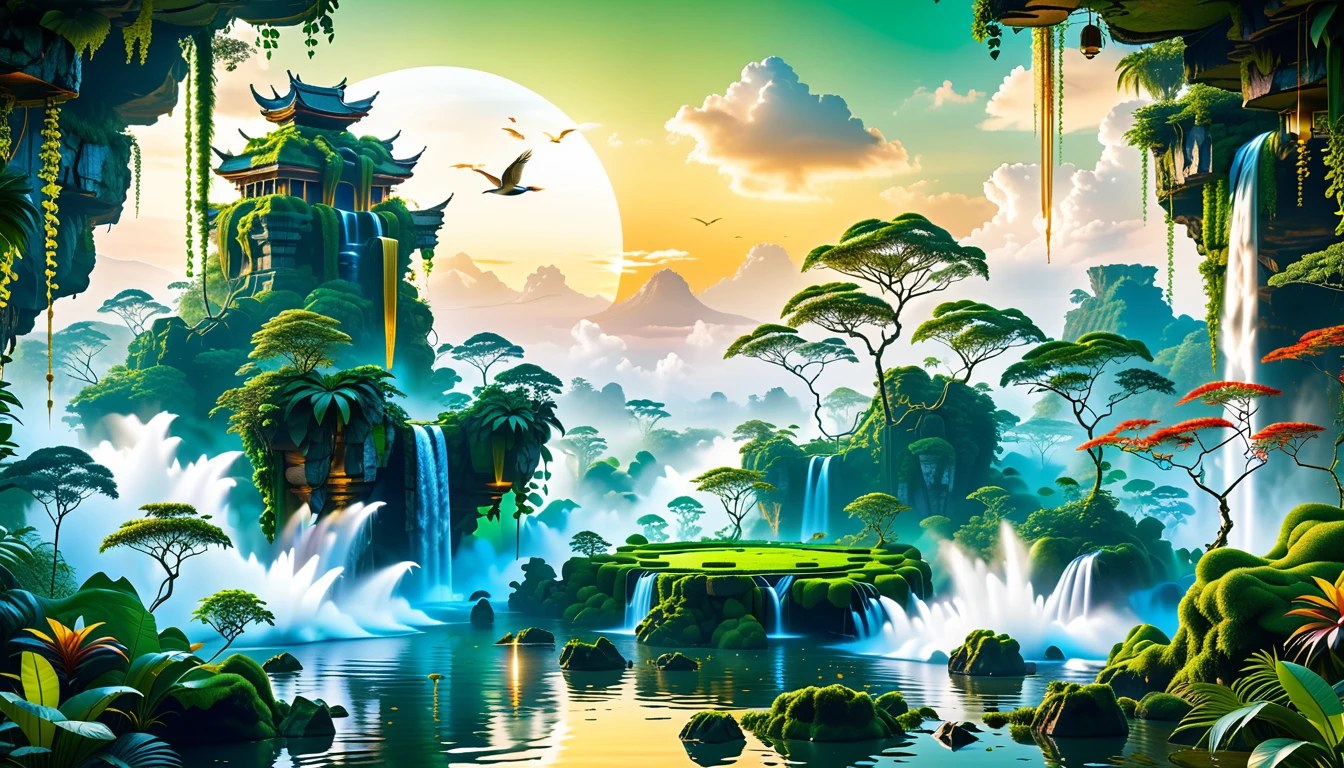 A Masterpiece In 32K Resolution, Supreme Quality, Super Detail, Official Art, Very High-Resolution 32K Wallpaper, Beautiful And Aesthetic, Ultra-Detailed Features, Awe-Inspiring Detail. Floating Islands Hover Above A Dense, Vibrant Rainforest. Waterfalls Spill Into The Thick Greenery Below, Where Exotic Animals Roam Freely. The Sky Is Painted With Shades Of Green And Gold, And Vines Hang From The Floating Islands. Glowing Form Illuminating The Surrounding Plants. In The Distance, A Towering Temple Made Of Moss-Covered Stone Rises From The Jungle.