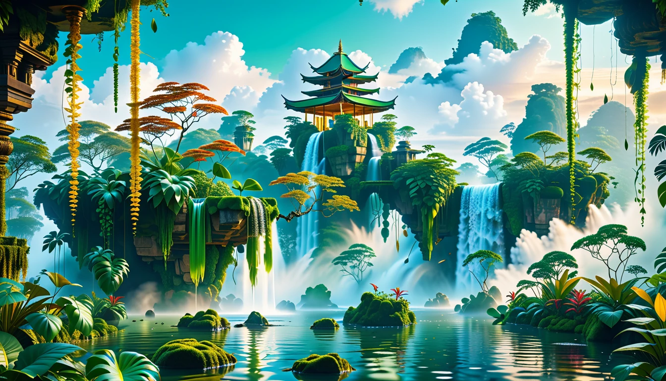 A Masterpiece In 32K Resolution, Supreme Quality, Super Detail, Official Art, Very High-Resolution 32K Wallpaper, Beautiful And Aesthetic, Ultra-Detailed Features, Awe-Inspiring Detail. Floating Islands Hover Above A Dense, Vibrant Rainforest. Waterfalls Spill Into The Thick Greenery Below, Where Exotic Animals Roam Freely. The Sky Is Painted With Shades Of Green And Gold, And Vines Hang From The Floating Islands. Glowing Form Illuminating The Surrounding Plants. In The Distance, A Towering Temple Made Of Moss-Covered Stone Rises From The Jungle.