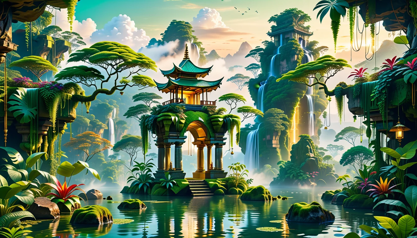 A Masterpiece In 32K Resolution, Supreme Quality, Super Detail, Official Art, Very High-Resolution 32K Wallpaper, Beautiful And Aesthetic, Ultra-Detailed Features, Awe-Inspiring Detail. Floating Islands Hover Above A Dense, Vibrant Rainforest. Waterfalls Spill Into The Thick Greenery Below, Where Exotic Animals Roam Freely. The Sky Is Painted With Shades Of Green And Gold, And Vines Hang From The Floating Islands. Glowing Form Illuminating The Surrounding Plants. In The Distance, A Towering Temple Made Of Moss-Covered Stone Rises From The Jungle.