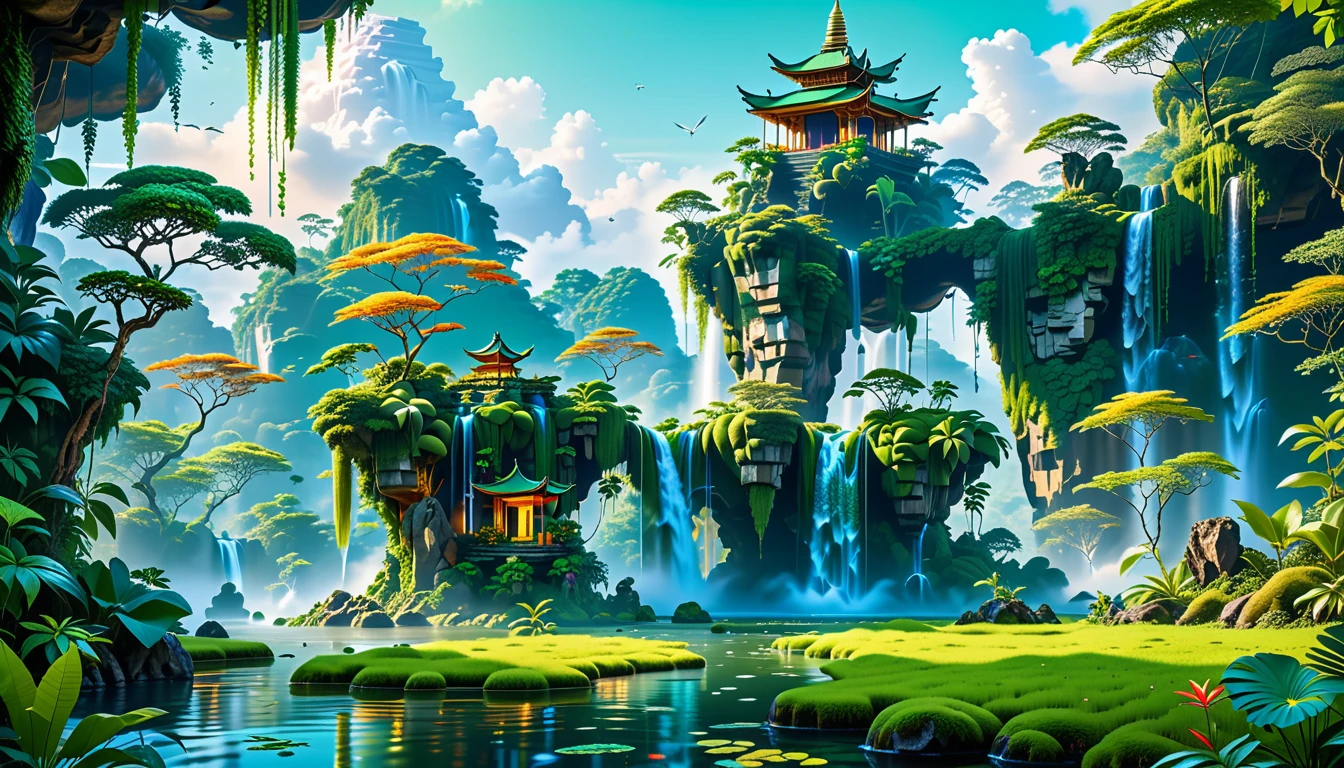 A Masterpiece In 32K Resolution, Supreme Quality, Super Detail, Official Art, Very High-Resolution 32K Wallpaper, Beautiful And Aesthetic, Ultra-Detailed Features, Awe-Inspiring Detail. Floating Islands Hover Above A Dense, Vibrant Rainforest. Waterfalls Spill Into The Thick Greenery Below, Where Exotic Animals Roam Freely. The Sky Is Painted With Shades Of Green And Gold, And Vines Hang From The Floating Islands. Glowing Form Illuminating The Surrounding Plants. In The Distance, A Towering Temple Made Of Moss-Covered Stone Rises From The Jungle.