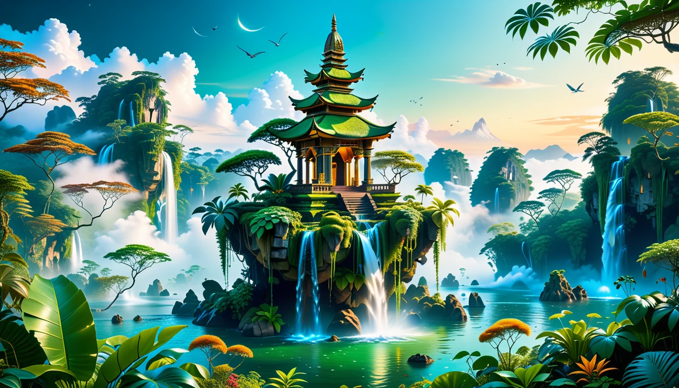 A Masterpiece In 32K Resolution, Supreme Quality, Super Detail, Official Art, Very High-Resolution 32K Wallpaper, Beautiful And Aesthetic, Ultra-Detailed Features, Awe-Inspiring Detail. Floating Islands Hover Above A Dense, Vibrant Rainforest. Waterfalls Spill Into The Thick Greenery Below, Where Exotic Animals Roam Freely. The Sky Is Painted With Shades Of Green And Gold, And Vines Hang From The Floating Islands. Glowing Form Illuminating The Surrounding Plants. In The Distance, A Towering Temple Made Of Moss-Covered Stone Rises From The Jungle.