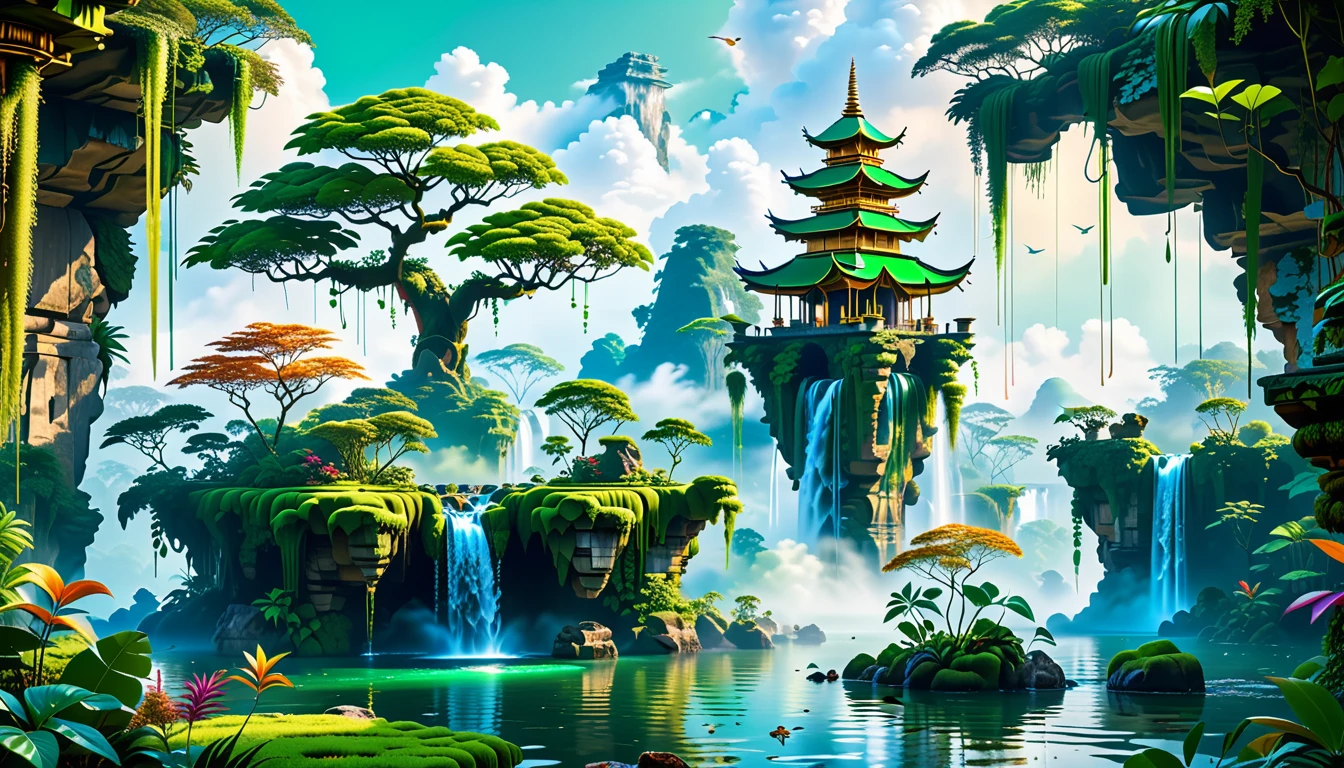 A Masterpiece In 32K Resolution, Supreme Quality, Super Detail, Official Art, Very High-Resolution 32K Wallpaper, Beautiful And Aesthetic, Ultra-Detailed Features, Awe-Inspiring Detail. Floating Islands Hover Above A Dense, Vibrant Rainforest. Waterfalls Spill Into The Thick Greenery Below, Where Exotic Animals Roam Freely. The Sky Is Painted With Shades Of Green And Gold, And Vines Hang From The Floating Islands. Glowing Form Illuminating The Surrounding Plants. In The Distance, A Towering Temple Made Of Moss-Covered Stone Rises From The Jungle.