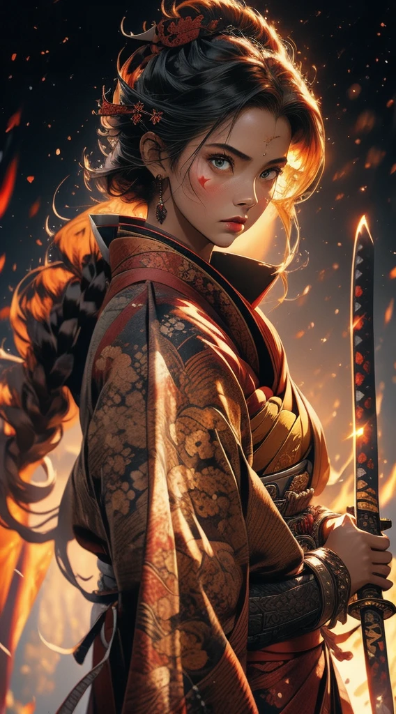 ((Fierce female samurai commander:1.2) with (intricate war paint:1.1) and (determined eyes:1.3)) ((raising katana:1.2) skyward) BREAK ((Misty dawn battlefield:1.3) in (autumn-hued valley:1.1)) BREAK ((Ancient gnarled trees:1.0) with (golden leaves:0.9)) (looming ominously) BREAK ((Rival clan warriors:1.1) in (glinting armor:1.0)) (poised for battle:1.2) BREAK (Grizzled veteran:1.0) (clutching weather-worn banner:1.1) BREAK ((Pristine stream:0.9) winding through valley) BREAK ((Cherry blossoms:0.8) floating) on (swirling mist:1.1) BREAK ((Fiery sky:1.2) breaking through fog:1.1) BREAK (Startled cranes:0.9) (taking flight:1.0) BREAK ((War drums:0.8) echoing) BREAK (Lone wolf:0.9) (howling in distance:0.8) BREAK (Hyper-detailed textures:1.1) (volumetric lighting:1.2) (atmospheric perspective:1.0) (8K resolution:1.1)