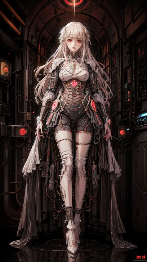 、The whole body is visible、Full body view、Head to toe depiction、beautiful, Luminous futuristic woman, Complex Circuits, Neon-like colors,  cyberpunk style , Advanced Technology,  digital art, Advanced Details, Realistic, Dramatic lighting,  dynamic poses , Mysterious, Mysterious, Fascinating
