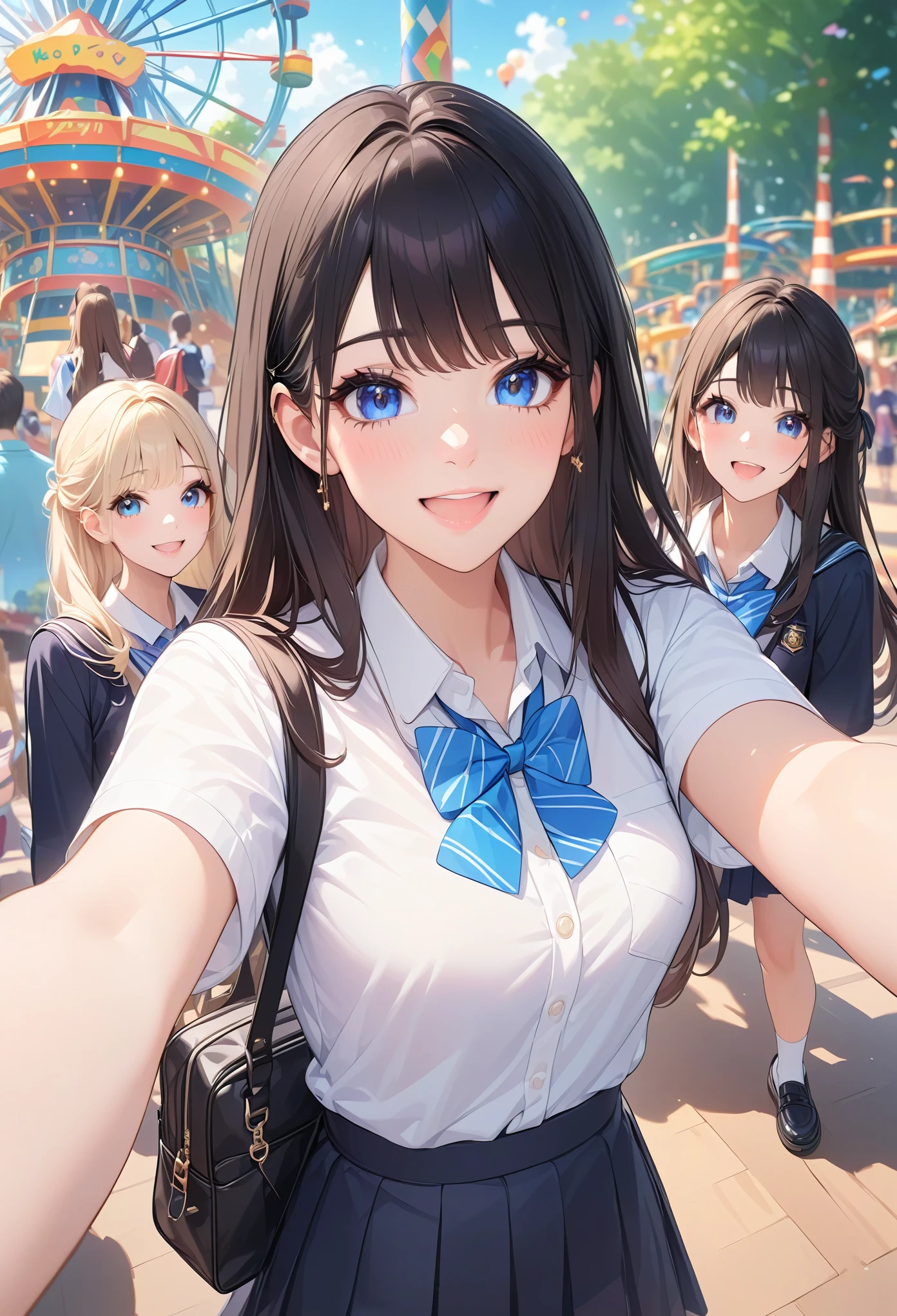 selfie, 3girls, JK, school uniform, joyful, happy, various expressions, various looks, unique people, amusement parks, (masterpiece:1.2), best quality, high quality, Highres, (hyper detailed), 8K, 4K, amazingly absurd, extremely detailed CG, (illustration:0.8), detailed background,