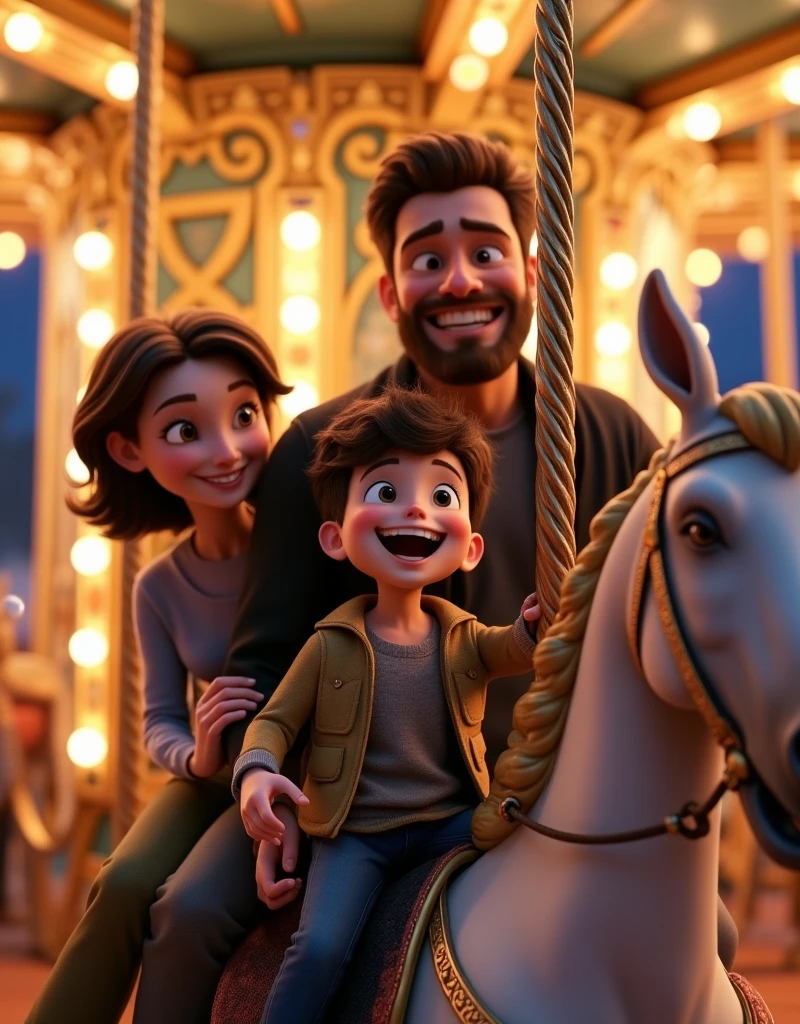 A 3D animated scene in a Pixar-like style, capturing a joyful moment of a family of three at a theme park, riding an intricately decorated carousel at night. The carousel has a medieval Gothic architectural design, with an exterior reminiscent of a castle, and an interior lavishly adorned with gold, diamonds, emeralds, sapphires, and rubies. The horses and carriages are exquisitely designed, luxurious, and sparkling, adding to the overall grandeur. The nighttime setting enhances the magical atmosphere, with soft, glowing lights illuminating the carousel, creating a warm, enchanting glow against the dark sky. At the front, a playful  boy is sitting excitedly on a majestic horse, with his rugged, muscular father behind him, holding him securely. The father has a bushy beard and exudes a sense of strength and reliability, smiling proudly as he shares this moment with his son. Together, they ride the horse, the boy’s face beaming with joy and carefree excitement, while the father’s warm, protective presence adds a sense of comfort. To the left, riding in an ornate carriage, is the gentle, beautiful mother, who radiates kindness and nurturing, her smile filled with warmth that embraces the whole family. The scene is filled with a soft, glowing atmosphere, and the detailed, sparkling decorations create a sense of opulence and grandeur. Every character is carefully and lovingly detailed, from the father’s rugged features and protective demeanor to the mother’s gentle and serene expression, and the son’s infectious joy. The overall image captures a perfect, joyful moment of togetherness, with a rich, luxurious setting that shines brightly and feels magical under the night sky.