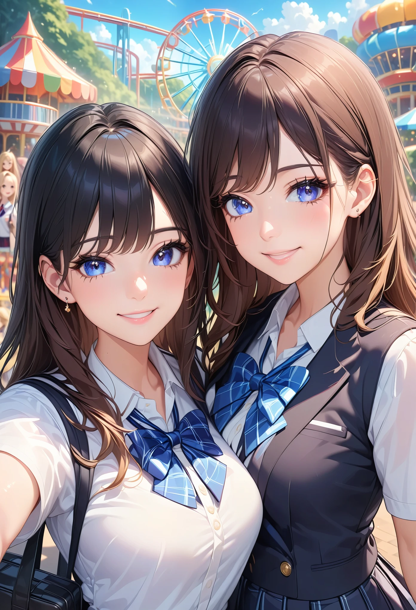 selfie, 3girls, JK, school uniform, joyful, happy, various expressions, various looks, unique people, amusement parks, (masterpiece:1.2), best quality, high quality, Highres, (hyper detailed), 8K, 4K, amazingly absurd, extremely detailed CG, (illustration:0.8), detailed background,