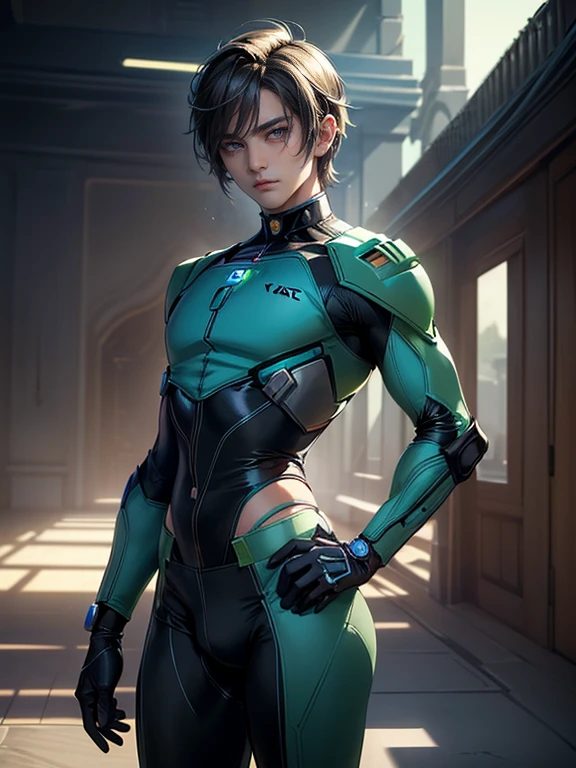 (masterpiece,best quality,ultra_detailed,highres,absurdres), (detailed shadow), (quality light), 1 (young_male:1.9) (master_chief:1.3) (with bulge:1.7), 30-ish, (slanted_eyes:1.2), (muscleale focus), (solo:1.5), short Quiff hair with Soft Fringe (bangs part on side 3:7 ratio), blue_eyes (detailed eyes), androgynous young beautiful pretty cute elegant (master_chief) (in master_chief_suit:1.9) is (walking outdoors:1.4), (science_fiction, game) (eyelashes), (thigh_gap), pectorals, (wide_flat_chest, wide_shoulders:1.7), (big_wide_hips, big_wide_pelvis:1.7), (thin_waist, dented_waist, waist_narrower_and_thinner_than_neck:1.7), (en_face, side_view:1.1), (swayback, curvy_waist, arched_back), (warm_smile:1.2), short hair, looking at viewer, parted lips, ((PERFECT_FACE)), ((finely_detailed_beautiful_eyes_and_detailed_face)), (best_illumination, best_shadow, an_extremely_delicate_and_beautiful)