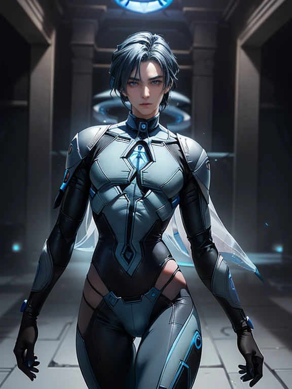 (masterpiece,best quality,ultra_detailed,highres,absurdres), (detailed shadow), (quality light), 1 (young_male:1.9) (cortana_boy:1.6) (with bulge:1.7), 30-ish, (slanted_eyes:1.2), (muscleale focus), (solo:1.5), short Quiff hair with Soft Fringe (bangs part on side 3:7 ratio), blue_eyes (detailed eyes), androgynous young beautiful pretty cute elegant (halo_cortana) (in blue_skin and blue_suit:1.8) is (walking outdoors:1.4), (science_fiction, game) (eyelashes), (thigh_gap), pectorals, (wide_flat_chest, wide_shoulders:1.7), (big_wide_hips, big_wide_pelvis:1.7), (thin_waist, dented_waist, waist_narrower_and_thinner_than_neck:1.7), (en_face, side_view:1.1), (swayback, curvy_waist, arched_back), (warm_smile:1.2), short hair, looking at viewer, parted lips, ((PERFECT_FACE)), ((finely_detailed_beautiful_eyes_and_detailed_face)), (best_illumination, best_shadow, an_extremely_delicate_and_beautiful)