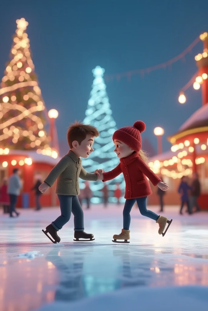 3D Animation、christmas amusement park、Ice skating rink、 Lovers glide hand in hand 、 Men are about to fall 、Women support men 、Comical scene、クリスマスのIce skating rinkの雰囲気を描く、 Large Christmas tree illuminations in the background、16K Quality