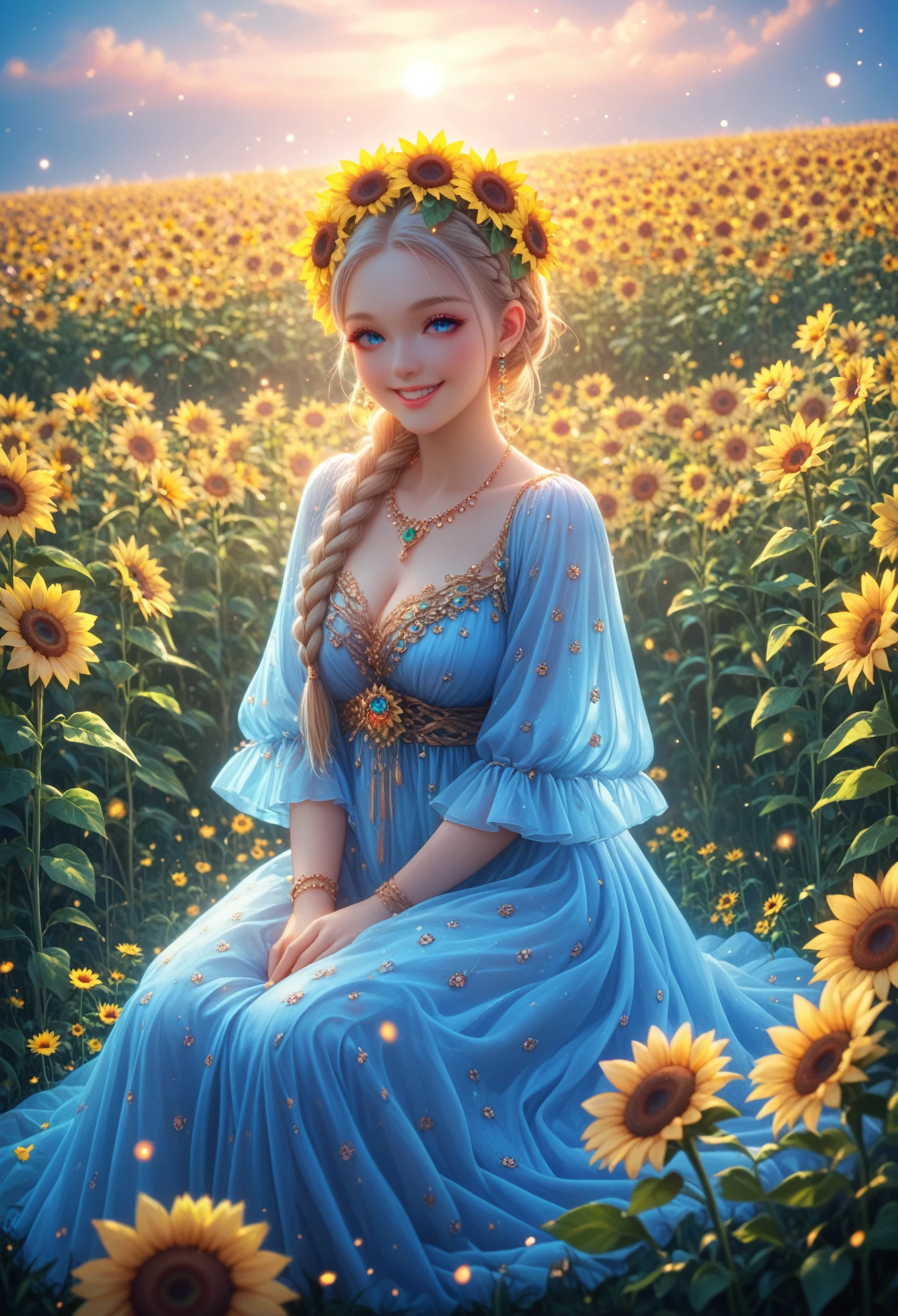 score_9, score_8_up, score_7_up, anime, 29 year old girl , Sits in the field , full height, Very spacious view,  Very Detailed Image Curvy Lashes, light makeup,  Light Blue Clothing ,  Trendy Hairstyle Curvy Hair ,  Beautiful View Field Background Sunflower Flowers ,  Braided in Head Cat Jewelry , masterpiece, Maximum Quality, details, 8 k, soft, warm light, Joy, smile, colorful palette, Cat Sits Next to a Girl,