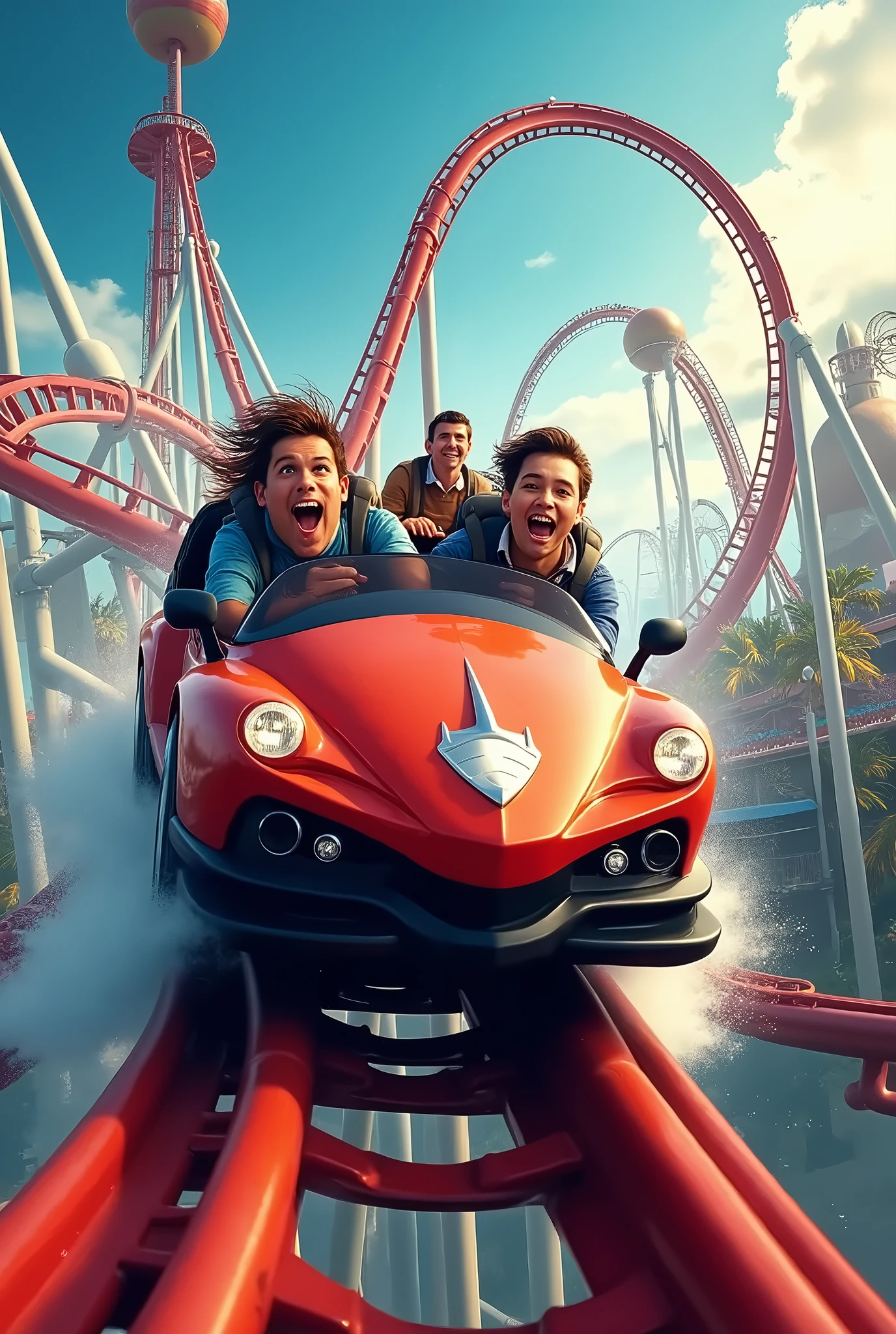 amusement park、 roller coaster advertising poster、Impressive work 、Speed、 Ride running head-on 