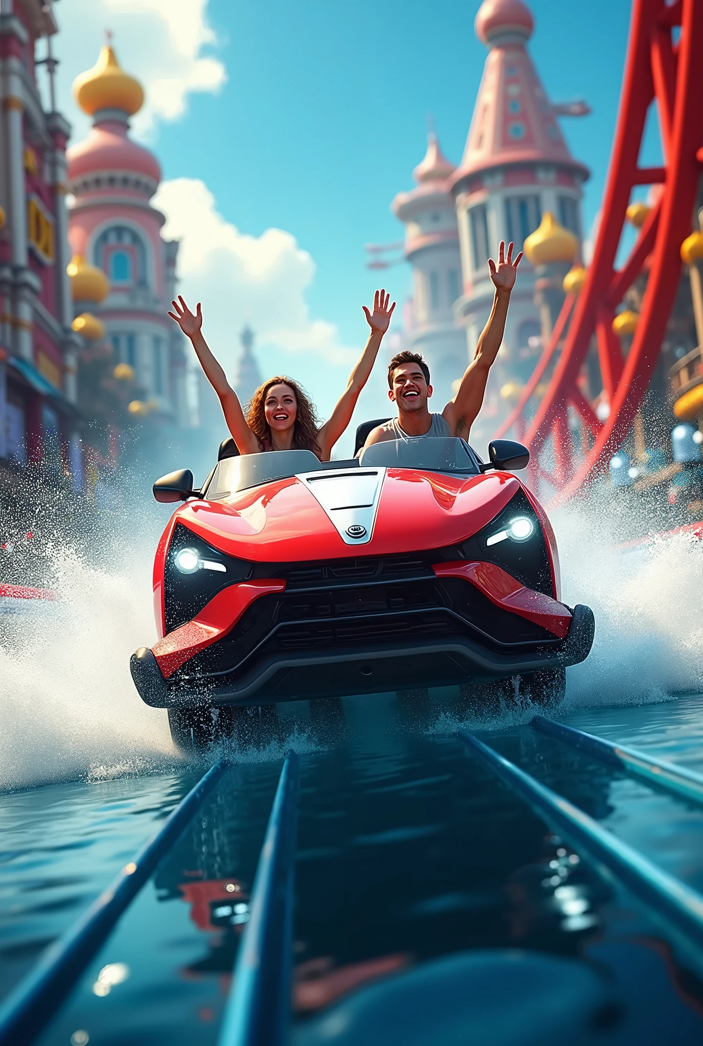 a thrilling amusement park roller coaster, a dynamic advertising poster, impressive photorealistic 8k render, high speed motion blur, a rollercoaster car rushing towards the viewer, water splash effects, passengers with their hands raised in excitement