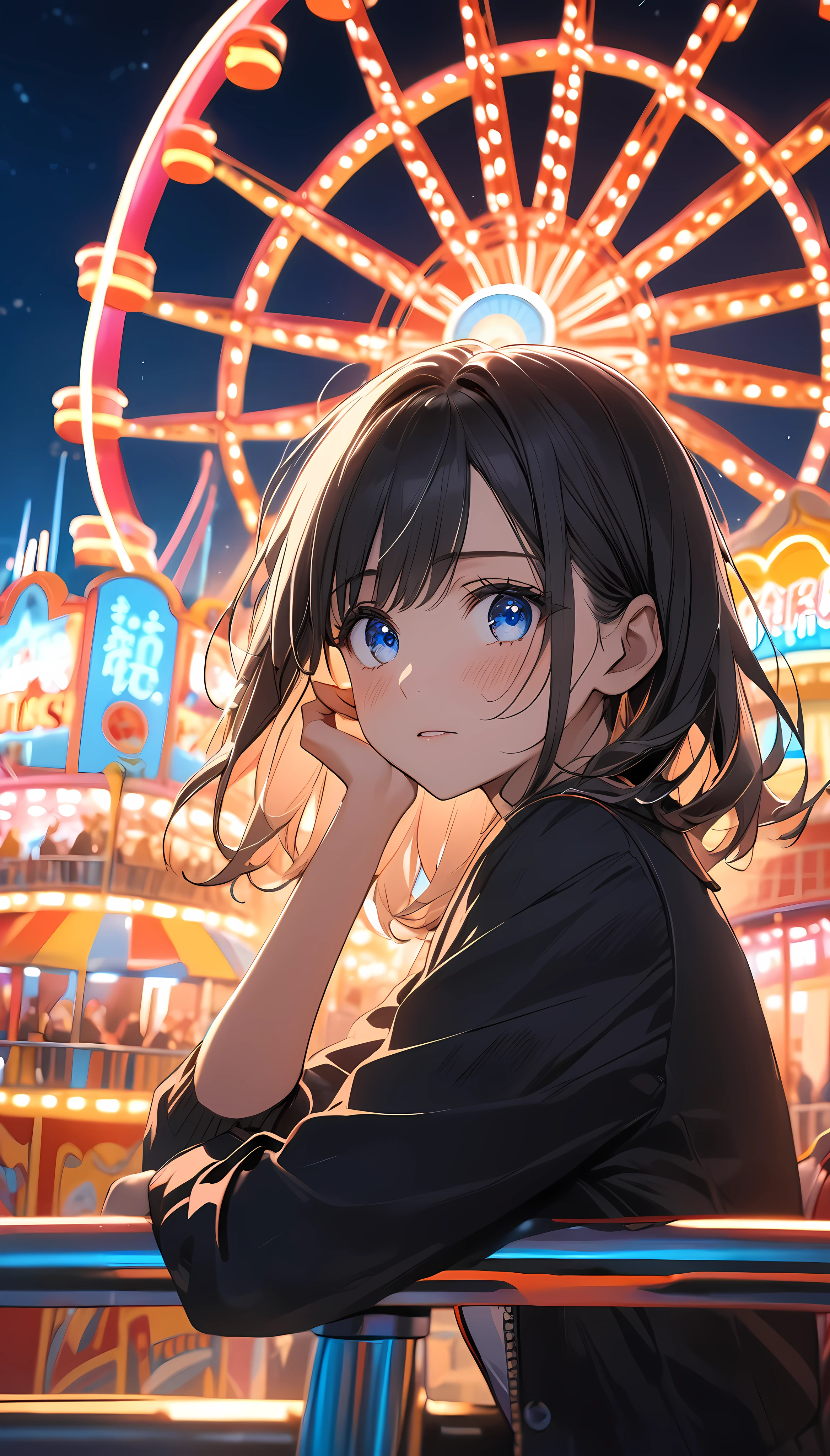 a girl riding a ferris wheel in an amusement park, nervous expression on her face, eyes peeking out from the window, blurred amusement park below, alluring gaze, sitting on the ferris wheel seat, face flushed with the intention to confess, beautiful night scenery of the amusement park with neon lights, just about to reach the top of the ferris wheel