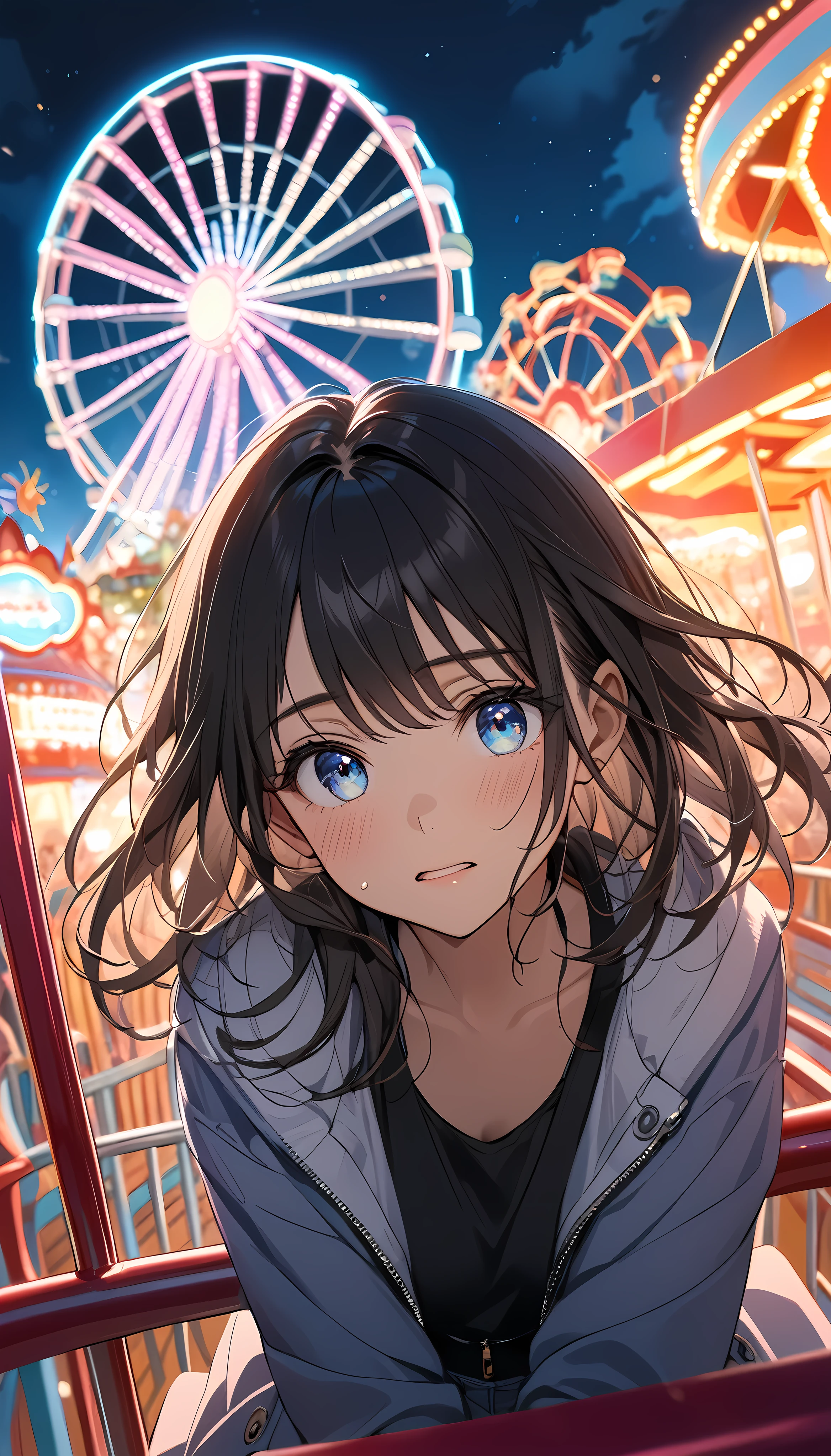 a girl riding a ferris wheel in an amusement park, nervous expression on her face, eyes peeking out from the window, blurred amusement park below, alluring gaze, sitting on the ferris wheel seat, face flushed with the intention to confess, beautiful night scenery of the amusement park with neon lights, just about to reach the top of the ferris wheel