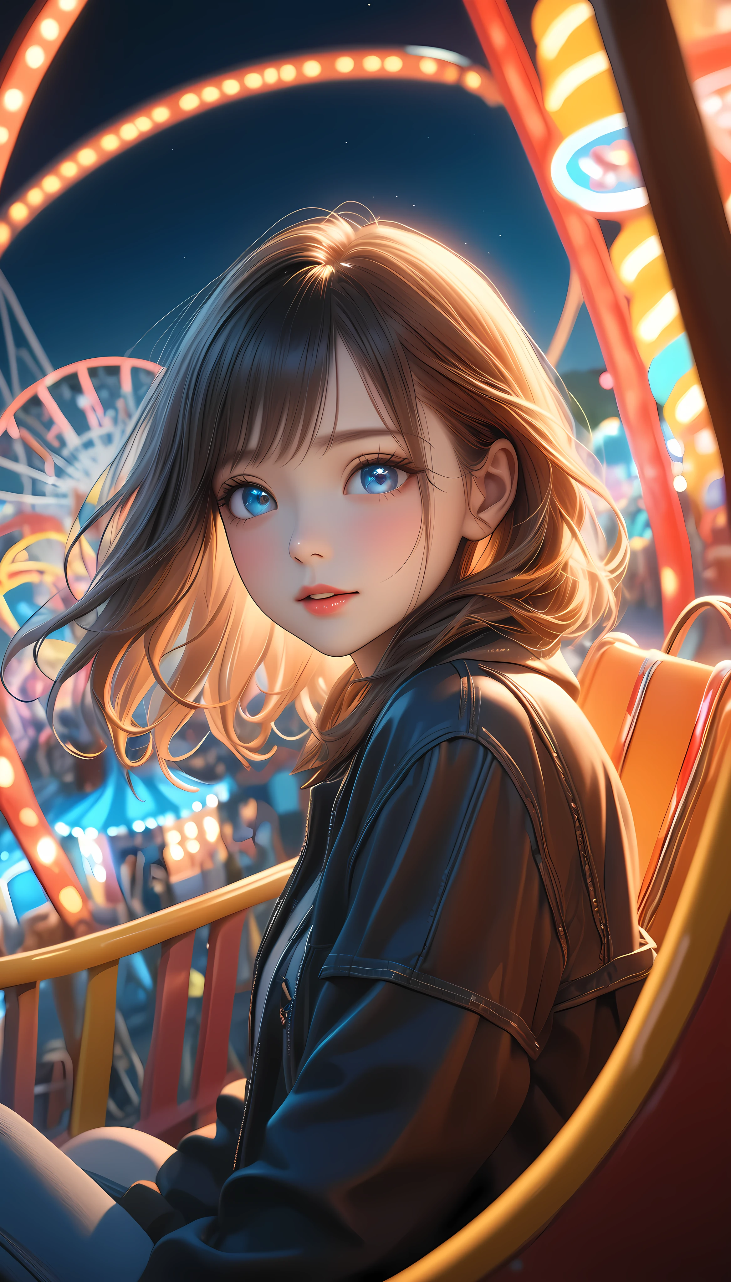 1girl in a ferris wheel, excited expression, roller coaster visible through window, furtive glances, aerial view of amusement park, alluring eyes, blurry park below, captivating knees, sitting in ferris wheel seat, next to you, direct gaze, determination to confess, blushing, inside ferris wheel, aesthetic night scenery, beautiful neon-lit night amusement park, cuteness standing out in the dark, almost at the top...,(best quality,4k,8k,highres,masterpiece:1.2),ultra-detailed,(realistic,photorealistic,photo-realistic:1.37),intricate details,cinematic lighting,warm color tones,vibrant colors,glowing neon lights,detailed texture,dramatic shadows,depth of field,dramatic angle,beautiful girl,beautiful eyes,beautiful lips,long eyelashes,highly detailed face,incredibly detailed,exquisite,breathtaking,stunning,mesmerizing