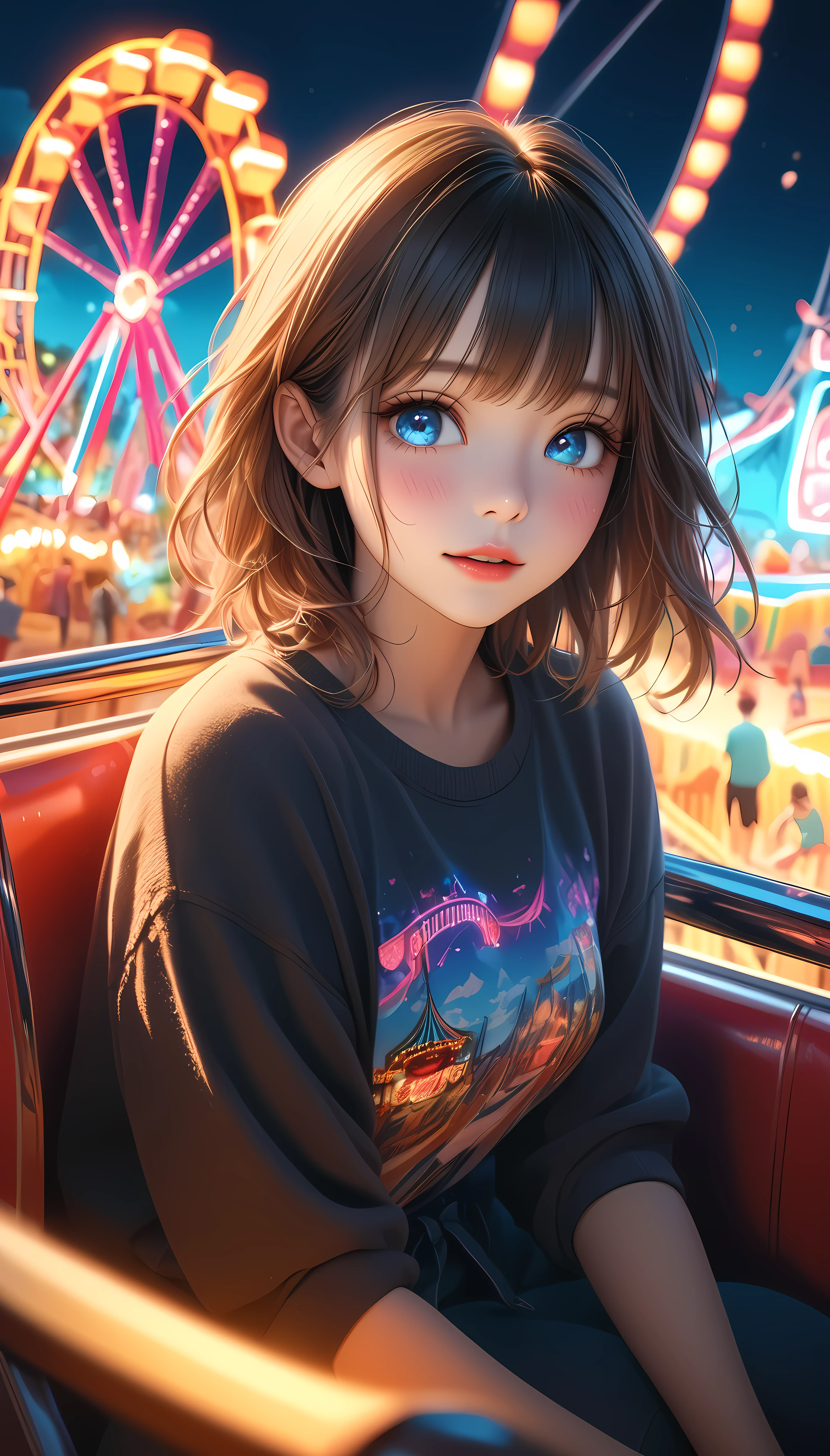 1girl in a ferris wheel, excited expression, roller coaster visible through window, furtive glances, aerial view of amusement park, alluring eyes, blurry park below, captivating knees, sitting in ferris wheel seat, next to you, direct gaze, determination to confess, blushing, inside ferris wheel, aesthetic night scenery, beautiful neon-lit night amusement park, cuteness standing out in the dark, almost at the top...,(best quality,4k,8k,highres,masterpiece:1.2),ultra-detailed,(realistic,photorealistic,photo-realistic:1.37),intricate details,cinematic lighting,warm color tones,vibrant colors,glowing neon lights,detailed texture,dramatic shadows,depth of field,dramatic angle,beautiful girl,beautiful eyes,beautiful lips,long eyelashes,highly detailed face,incredibly detailed,exquisite,breathtaking,stunning,mesmerizing