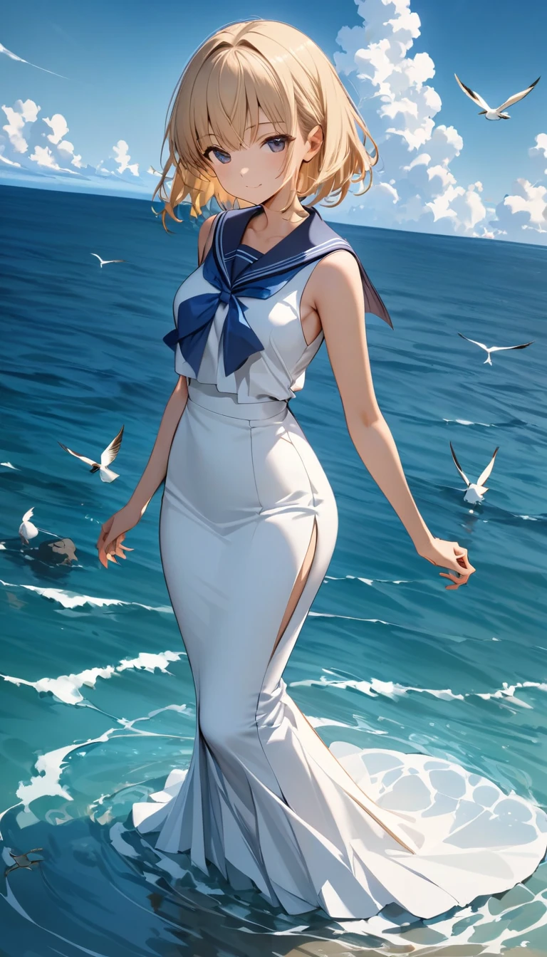 ((masterpiece,Best Quality)), mizunashi akari, uniform, dress, white dress, Have, Sailor collar, Ocean, On the water, null, cloud, Outdoor, bird, Dutch Angle, long dress, Side slits,Mermaid line dress