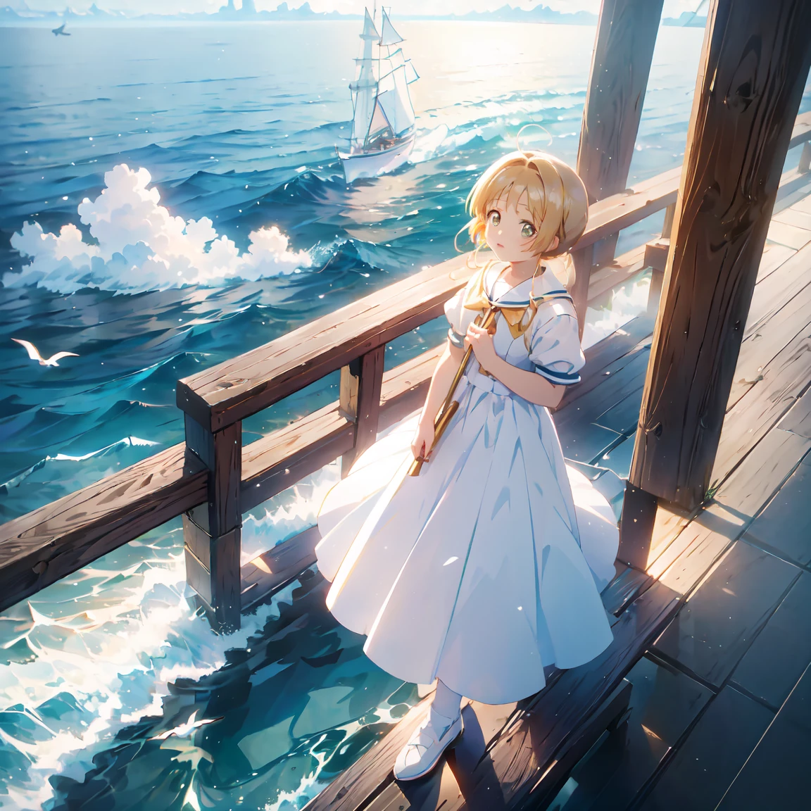 ((masterpiece,Best Quality)), mizunashi akari, uniform, dress, white dress, Have, Sailor collar, Ocean, On the water, null, cloud, Outdoor, bird, Dutch Angle, long dress, Side slits,Mermaid line dress