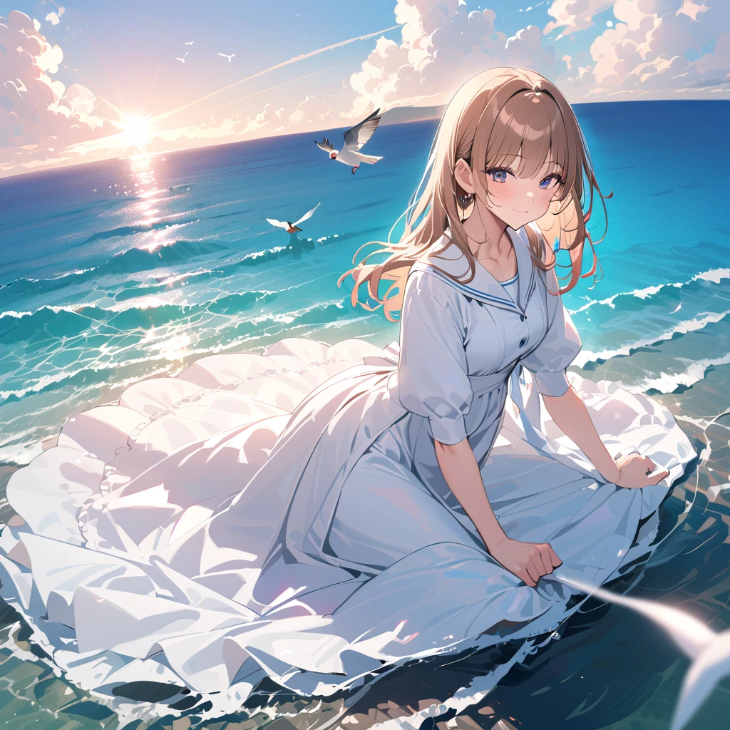 ((masterpiece,Best Quality)), mizunashi akari, uniform, dress, white dress, Have, Sailor collar, Ocean, On the water, null, cloud, Outdoor, bird, Dutch Angle, long dress, Side slits,Mermaid line dress