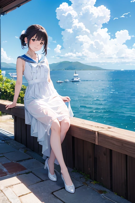 ((masterpiece,Best Quality)), mizunashi akari, uniform, dress, white dress, Have, Sailor collar, Ocean, On the water, null, cloud, Outdoor, bird, Dutch Angle, long dress, Side slits,Mermaid line dress