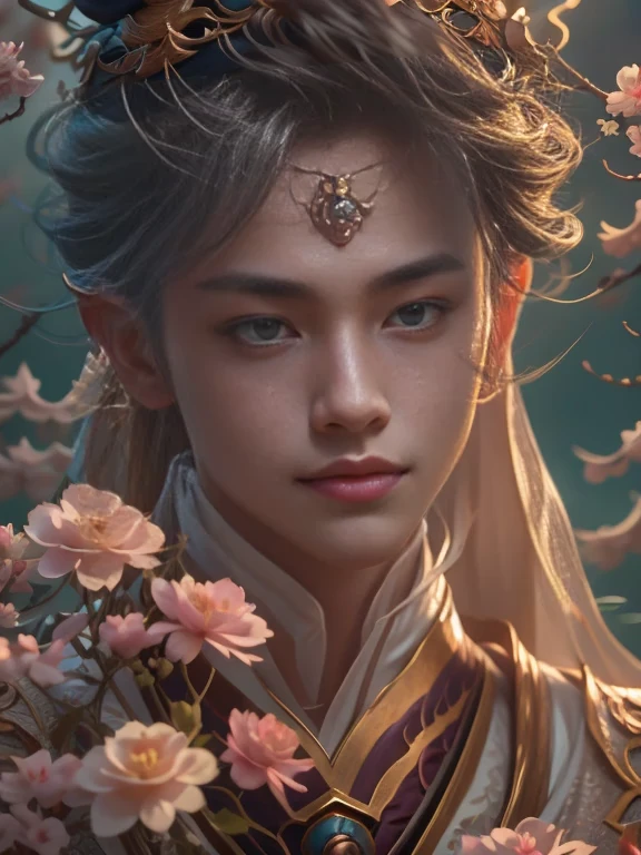 (Best Quality, Super Detail, Masterpiece, Representative Work, Official Art, Professional, Super Fine Detail, 8k:1.3), (photorealism:1.2), (Couple, Beautiful Girl and Boy), A couple in the sea of flowers, Handsome guy hugs beautiful girl from behind, Smiling and Wearing White Clothes, Delicate Hair, Chinese Beauty and Handsome Man, Wearing Ancient Chinese Clothes, Flowing Tulle, Light Silk, Create a movie poster similar to those used in Chinese romantic fantasy dramas, Correct proportions, Perfect face, perfect hands, Sweet atmosphere, Photorealistic, Sharp Focus, Dreamy Atmosphere, Delicate Details, Soft Volumetric Light, (Backlight:1.3), (Cinematic:1.2), Intricate Details, (ArtStation:1.3)