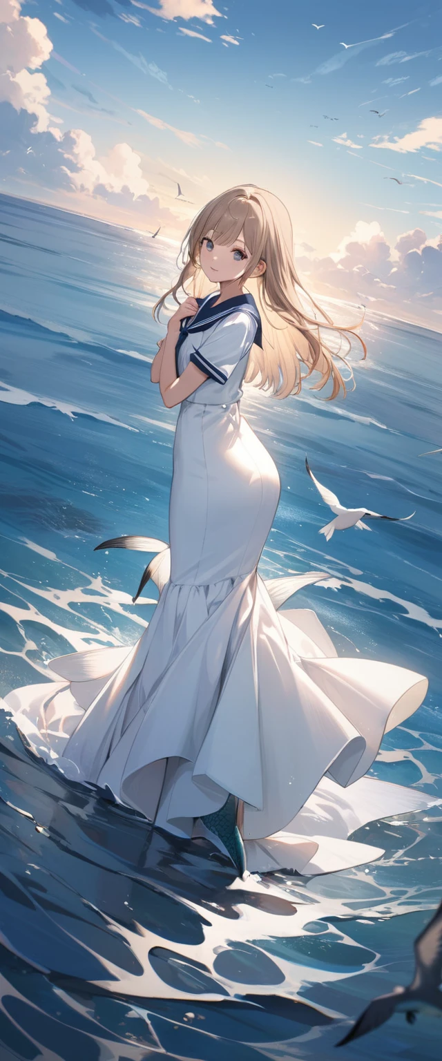 ((masterpiece,Best Quality)), mizunashi akari, uniform, dress, white dress, Have, Sailor collar, Ocean, On the water, null, cloud, Outdoor, bird, Dutch Angle, long dress, Side slits,Mermaid line dress