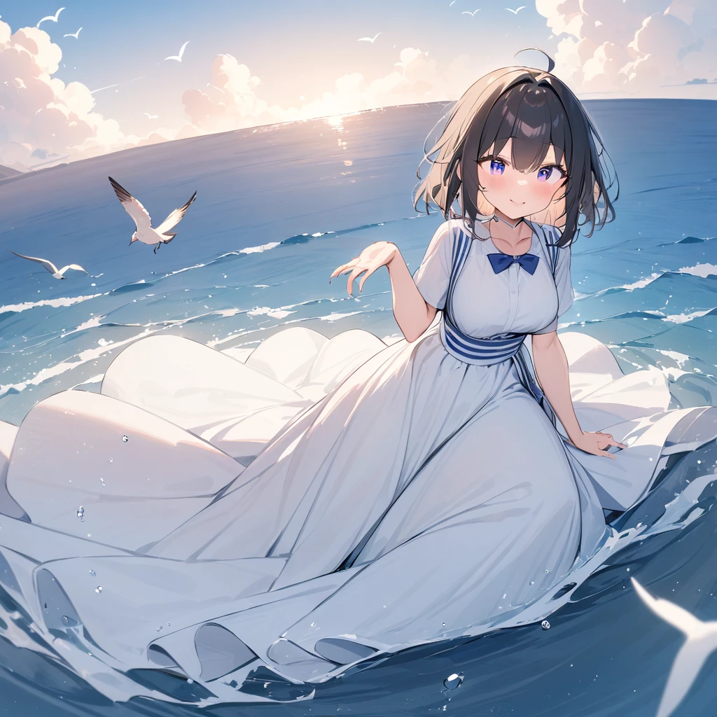 ((masterpiece,Best Quality)), mizunashi akari, uniform, dress, white dress, Have, Sailor collar, Ocean, On the water, null, cloud, Outdoor, bird, Dutch Angle, long dress, Side slits,Mermaid line dress