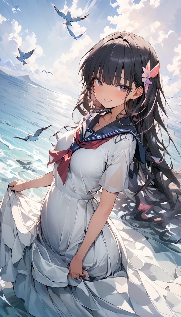 ((masterpiece,Best Quality)), mizunashi akari, uniform, dress, white dress, Have, Sailor collar, Ocean, On the water, null, cloud, Outdoor, bird, Dutch Angle, long dress, Side slits,Mermaid line dress