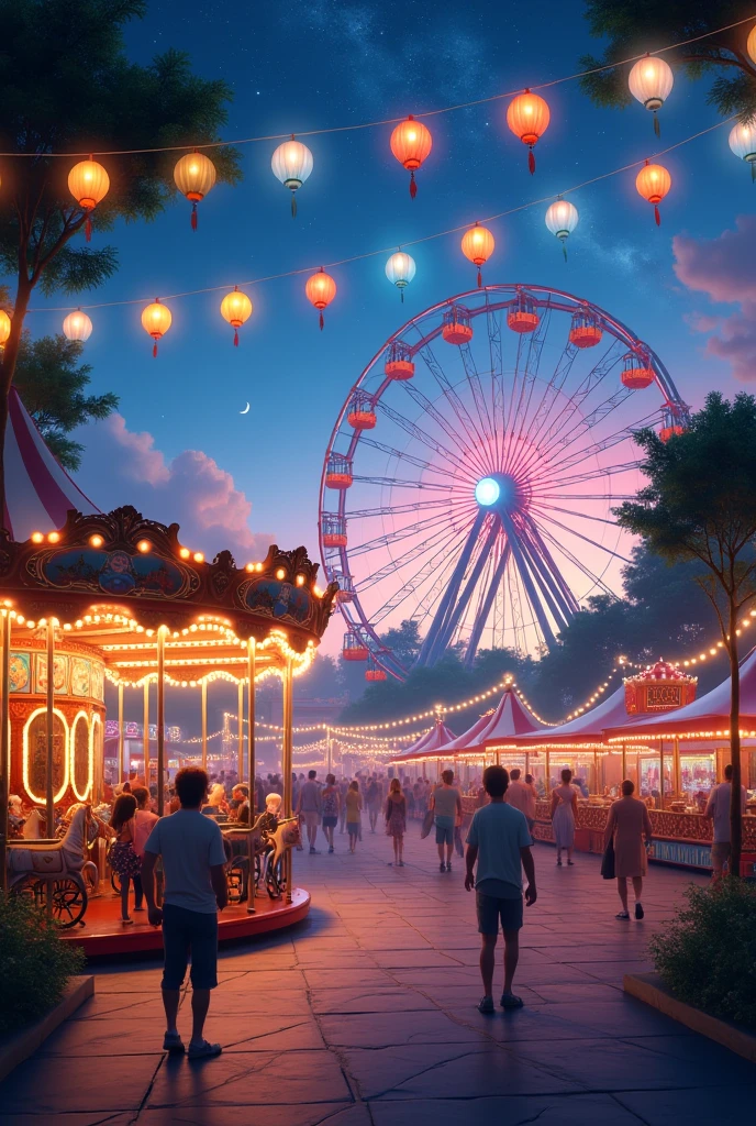 In the midst of a balmy summer evening, the amusement park unfurls its enchantment under a starlit sky, the crescent moon casting silver whispers upon winding paths. Lanterns of every hue beckon wanderers with their soft, inviting glow, while the distant melodies of a calliope swirl in harmony with laughter that glides atop the cooling breeze. The carousel, a timeless sentinel, crowns the heart of the park, bathed in a gentle luminescence. Each painted steed and ornate chariot spins in an eternal dance, capturing a visage of nostalgias long past. The Ferris wheel rises as a colossal guardian, revolving gracefully, offering its passengers an aerial view of this whimsical utopia. Cotton candy vendors, with shirts of twinkling stars, thread through the pathways, leaving trails of spun sugar that dissolve on the tongue. The aroma of popcorn drifts like a fragrant whisper, mixing with the delicate perfume of summer blooms from hidden gardens. Journey into this realm of wonder, where every stall and game teems with mysteries yet to unfold, and the night promises endless delight beneath its starry veil.