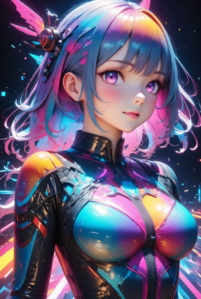 (masterpiece, best quality:1.2), 1girl, solo, cyber girl, futuristic cyberpunk, neon lights, glowing eyes, intricate cybernetic ...