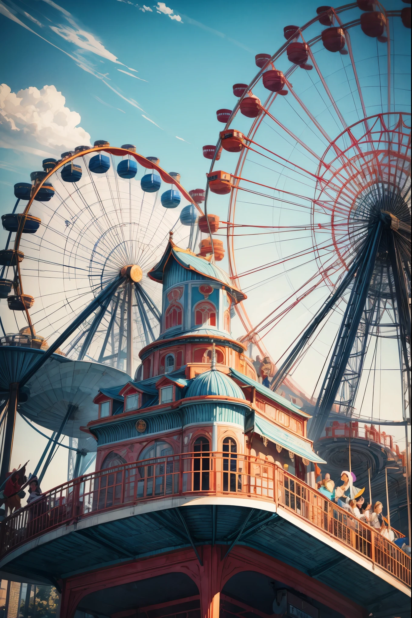 Create a geometric and abstract representation of iconic amusement park structures. The Ferris wheel is depicted as a large circle with radial lines extending outward, forming a rhythmic, spoke-like pattern. The merry-go-round is represented by overlapping concentric circles, rotating within each other, creating a sense of motion. The roller coaster appears as sharp, intersecting curves and angular lines, contrasting with the smoother shapes. The composition uses bold, vibrant colors—deep blues, bright reds, and yellows—to emphasize contrast between the rounded and angular forms. The overall feel is dynamic yet harmonious, balancing movement, excitement, and abstraction in a surreal amusement park setting