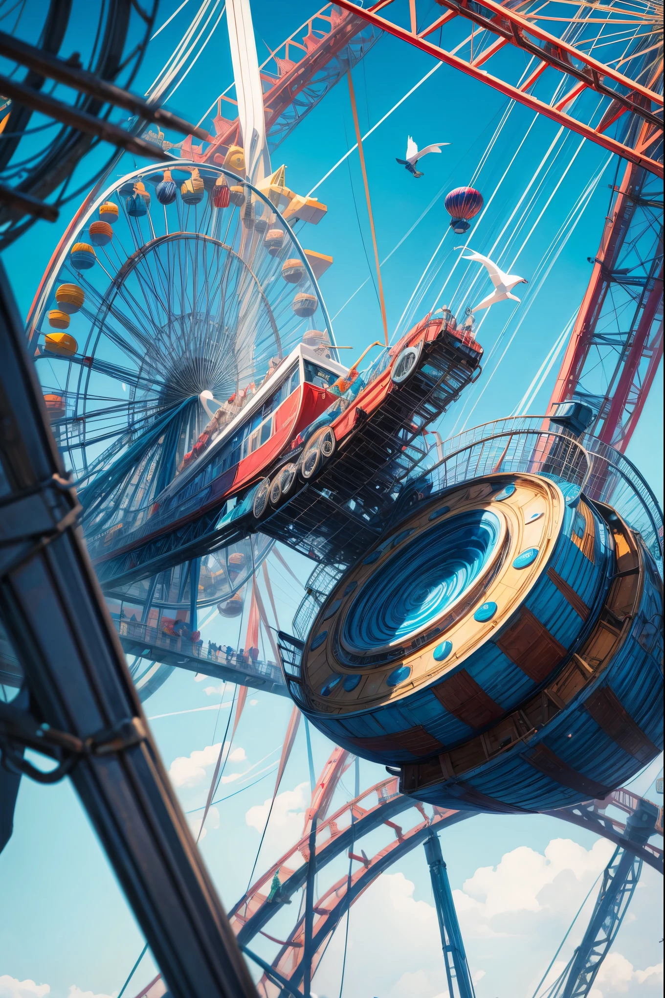 Create a geometric and abstract representation of iconic amusement park structures. The Ferris wheel is depicted as a large circle with radial lines extending outward, forming a rhythmic, spoke-like pattern. The merry-go-round is represented by overlapping concentric circles, rotating within each other, creating a sense of motion. The roller coaster appears as sharp, intersecting curves and angular lines, contrasting with the smoother shapes. The composition uses bold, vibrant colors—deep blues, bright reds, and yellows—to emphasize contrast between the rounded and angular forms. The overall feel is dynamic yet harmonious, balancing movement, excitement, and abstraction in a surreal amusement park setting