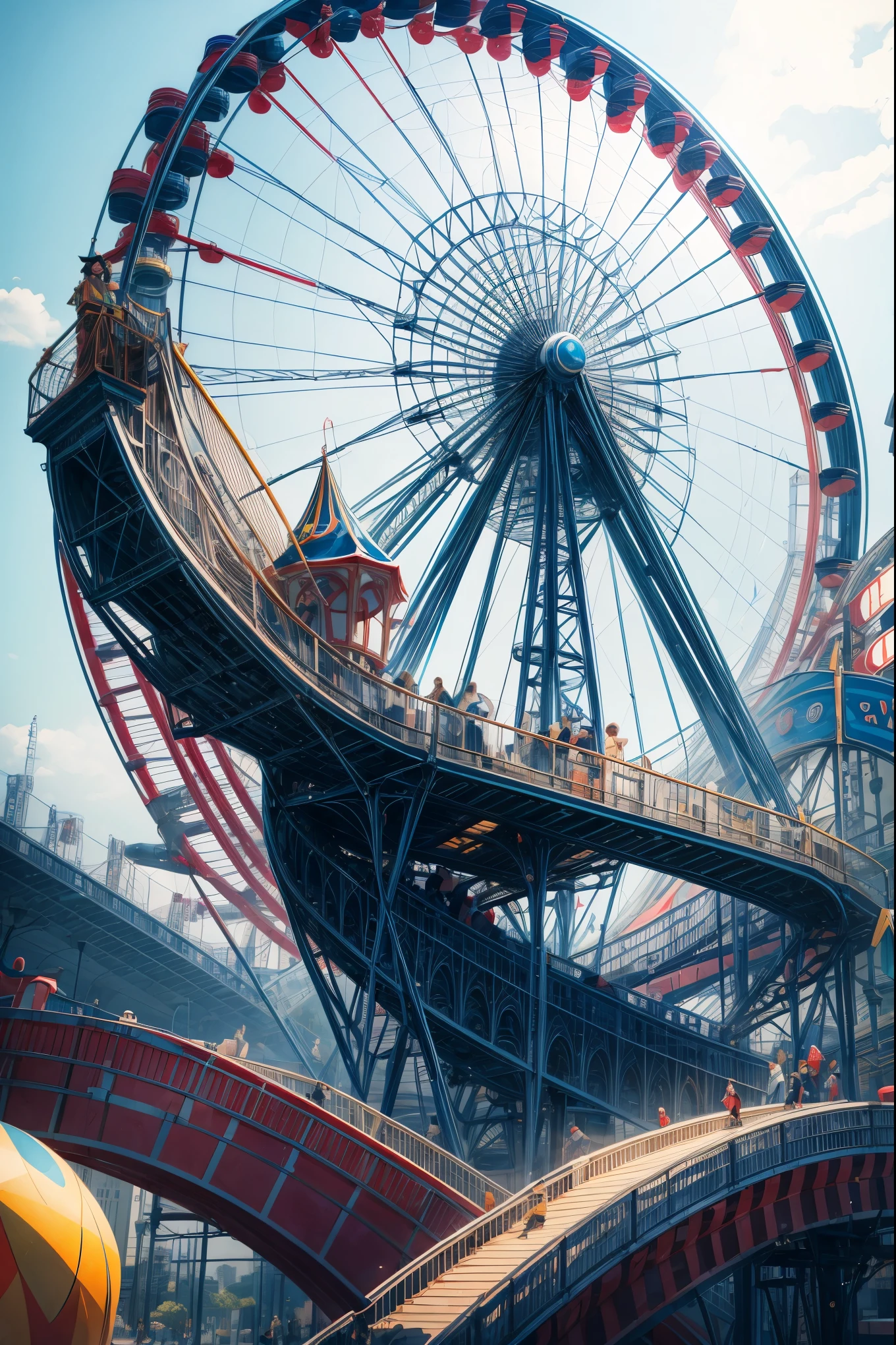 Create a geometric and abstract representation of iconic amusement park structures. The Ferris wheel is depicted as a large circle with radial lines extending outward, forming a rhythmic, spoke-like pattern. The merry-go-round is represented by overlapping concentric circles, rotating within each other, creating a sense of motion. The roller coaster appears as sharp, intersecting curves and angular lines, contrasting with the smoother shapes. The composition uses bold, vibrant colors—deep blues, bright reds, and yellows—to emphasize contrast between the rounded and angular forms. The overall feel is dynamic yet harmonious, balancing movement, excitement, and abstraction in a surreal amusement park setting