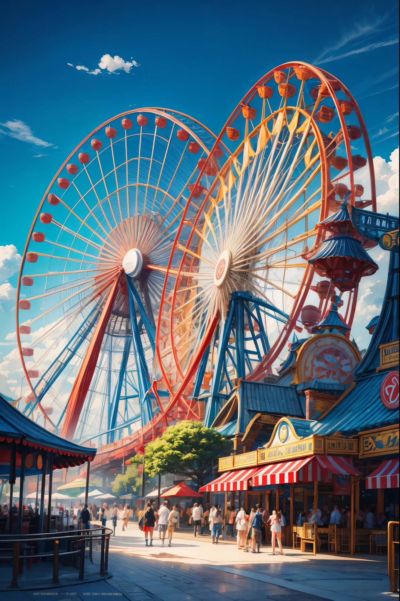 Create a geometric and abstract representation of iconic amusement park structures. The Ferris wheel is depicted as a large circle with radial lines extending outward, forming a rhythmic, spoke-like pattern. The merry-go-round is represented by overlapping concentric circles, rotating within each other, creating a sense of motion. The roller coaster appears as sharp, intersecting curves and angular lines, contrasting with the smoother shapes. The composition uses bold, vibrant colors—deep blues, bright reds, and yellows—to emphasize contrast between the rounded and angular forms. The overall feel is dynamic yet harmonious, balancing movement, excitement, and abstraction in a surreal amusement park setting