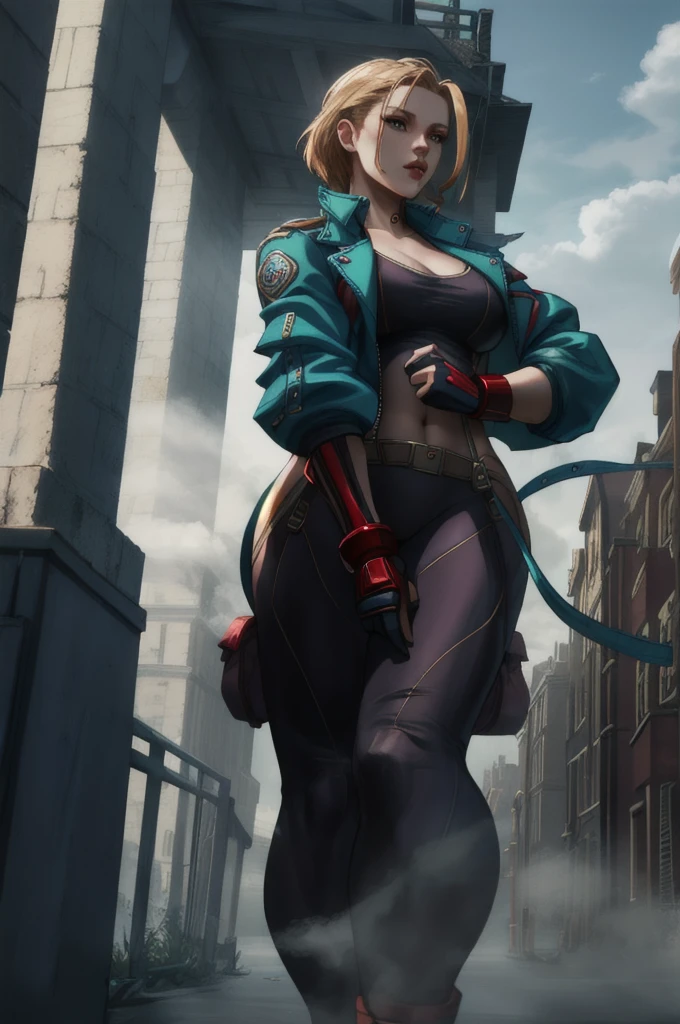 Best Quality, 8k, High resolution, masterpiece:1.5, (ultra detailed), absurdres, ((ultra high res)), cammy white, Beautiful Finger, Beautiful long legs, Beautiful body, Beautiful Nose, Beautiful character, perfect face, a woman with a blue jacket and red gloves, official art, unreal engine, Sexual, town, London, fog, early morning, walk, dynamic angle, photo realistic, official art, unreal engine,