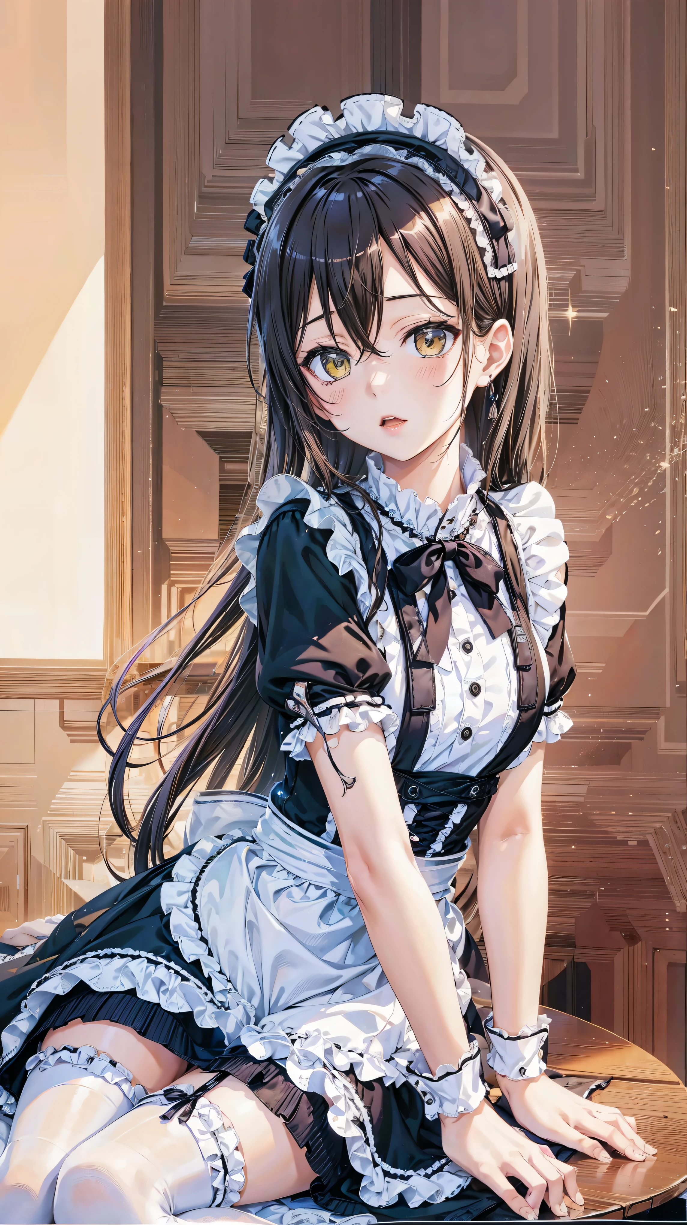 TAE,wearing sexy maid dress,panties shot,sitting,