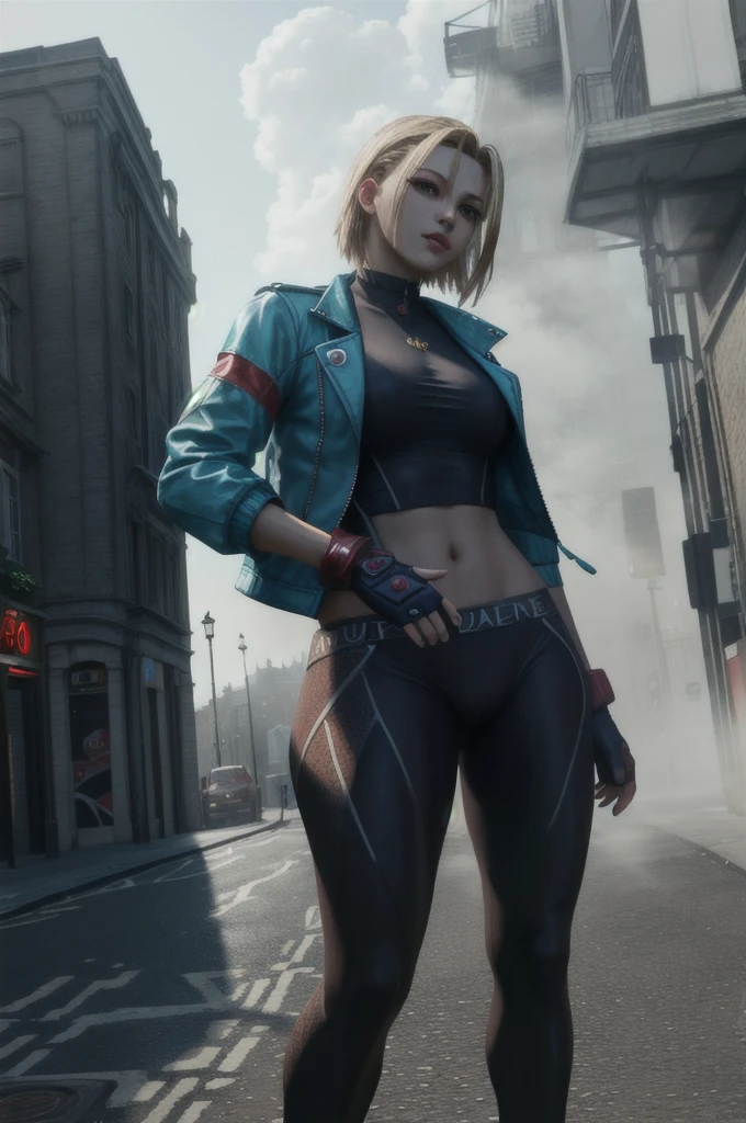 Best Quality, 8k, High resolution, masterpiece:1.5, (ultra detailed), sharp focus, crisp details, absurdres, ((ultra high res)), cammy white, Beautiful Finger, Beautiful long legs, Beautiful body, Beautiful Nose, Beautiful character, perfect face, a woman with a blue jacket and red gloves, official art, unreal engine, Sexual, town, London, fog, early morning, walk, high angle, photo realistic, extremely detailed CG, vibrant colors, unreal engine,