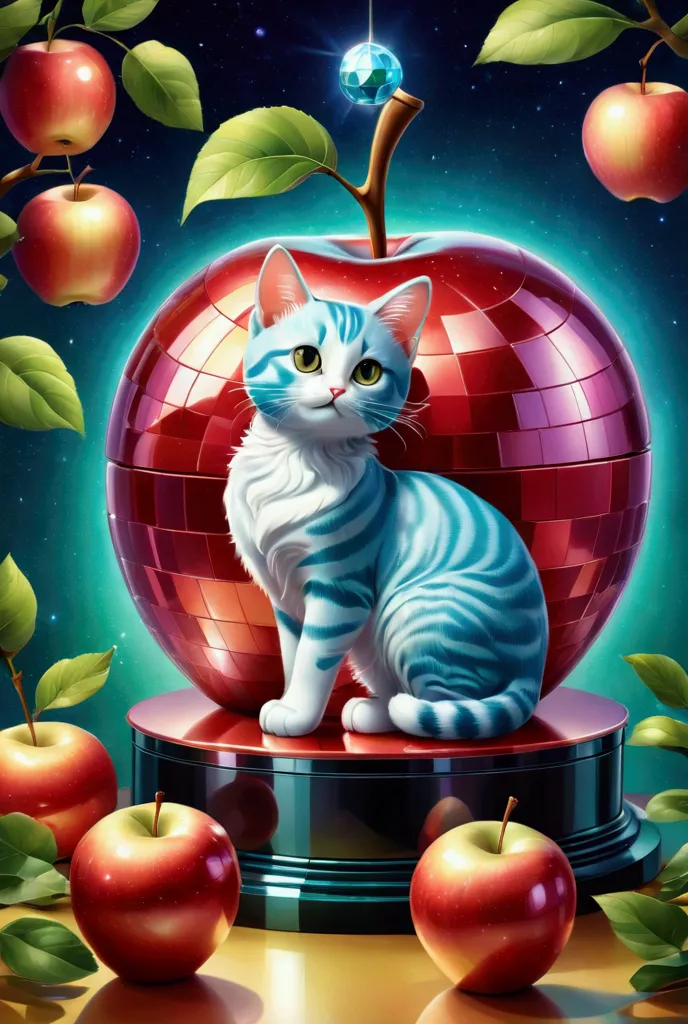 art deco illustration, 3d apple, disco-ball style shaped object with cute cat, gloss, aesthetic, fabulous, photopoetry, hyperrealism