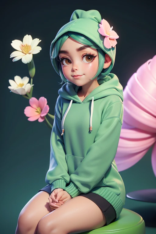 Create a 3D caricature depicting a seated Malay girl in a green hoodie labeled "jus", and a long cream hijab. Have her making a love sign. The background is essential, featuring a Facebook profile with an assorted 3d caricature girls group colorful photo accompanied by the text "CANTIK UTM" and a flower bed.