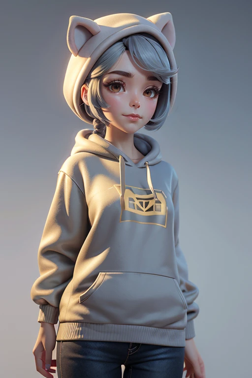 a whimsical  woman with grey hair and wearing a gold pig hoodie  hat 3d render