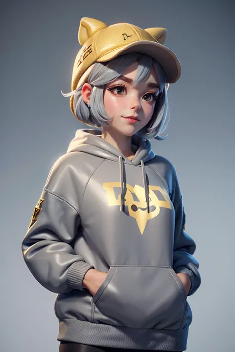 a whimsical  woman with grey hair and wearing a gold pig hoodie  hat 3d render