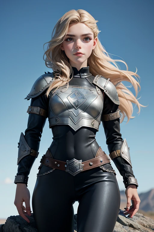 An illustrated movie poster, hand-drawn, full color, a viking 22 years old shield-maiden girl, runners slim body, thin face, wearing a typical female warrior armor costume, mainly leather with metal bits, heavy leggings and boots , she has pale skin, freckles, blue-grey eyes, light blonde long braided hair, waist-length hair, posing on a rock, hard shadows, graphite shading, stencil marks, airbrushed acrylic paint, masterpiece, in the style of Vikings series, Norwegian Fjord in the background