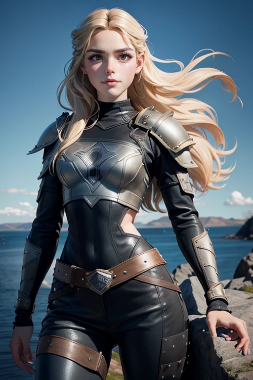 An illustrated movie poster, hand-drawn, full color, a viking 22 years old shield-maiden girl, runners slim body, thin face, wearing a typical female warrior armor costume, mainly leather with metal bits, heavy leggings and boots , she has pale skin, freckles, blue-grey eyes, light blonde long braided hair, waist-length hair, posing on a rock, hard shadows, graphite shading, stencil marks, airbrushed acrylic paint, masterpiece, in the style of Vikings series, Norwegian Fjord in the background