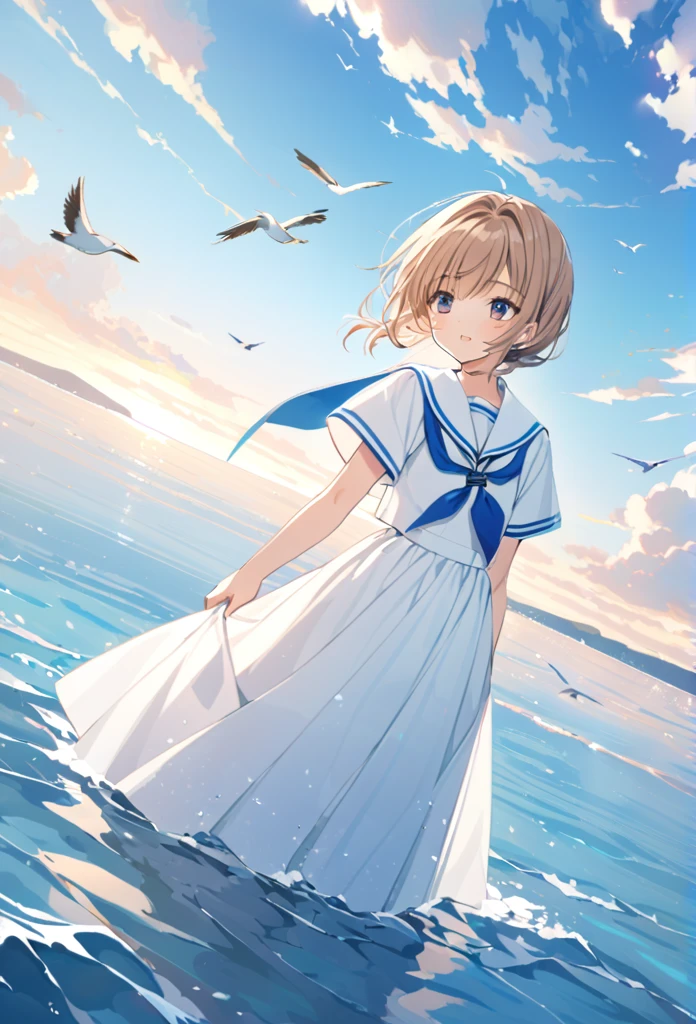 mizunashi akari, uniform, dress, white dress, Have, Sailor collar,Pocket on left chest,Blue lined pocket,Short sleeve,Puff sleeves,Cuff turn-up,two blue lines, Ocean, On the water, null, cloud, Outdoor, bird, Dutch Angle, long dress,A-line dress,blue line cape