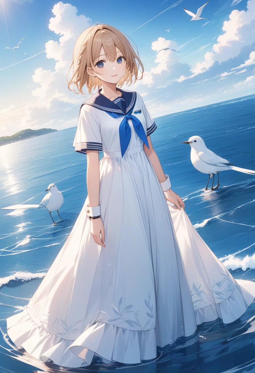 mizunashi akari, uniform, dress, white dress, Have, Sailor collar,Pocket on left chest,Blue lined pocket,Short sleeve,Puff sleeves,Cuff turn-up,two blue lines, Ocean, On the water, null, cloud, Outdoor, bird, Dutch Angle, long dress,A-line dress,blue line cape