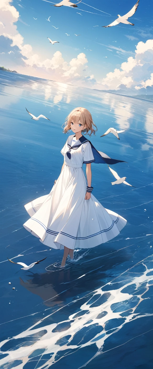 mizunashi akari, uniform, dress, white dress, Have, Sailor collar,Pocket on left chest,Blue lined pocket,Short sleeve,Puff sleeves,Cuff turn-up,two blue lines, Ocean, On the water, null, cloud, Outdoor, bird, Dutch Angle, long dress,A-line dress,blue line cape