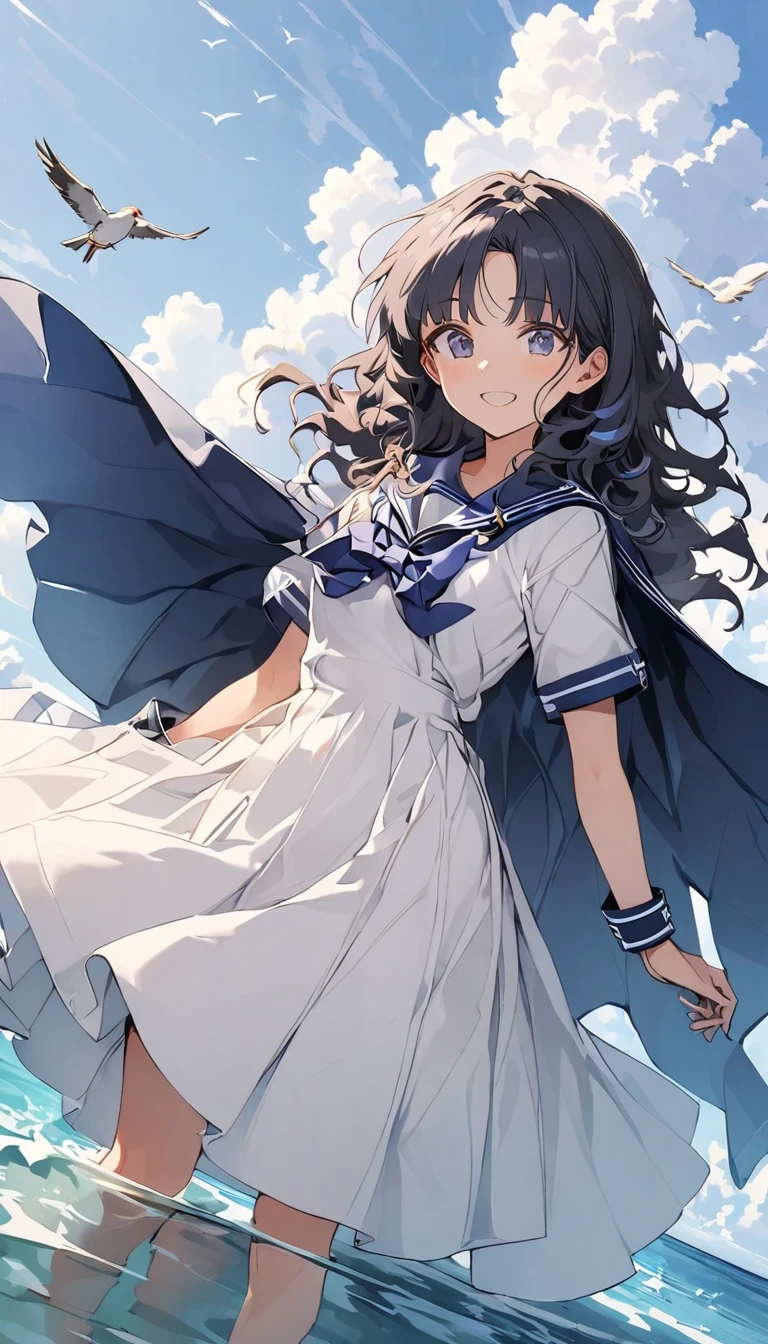 mizunashi akari, uniform, dress, white dress, Have, Sailor collar,Pocket on left chest,Blue lined pocket,Short sleeve,Puff sleeves,Cuff turn-up,two blue lines, Ocean, On the water, null, cloud, Outdoor, bird, Dutch Angle, long dress,A-line dress,blue line cape